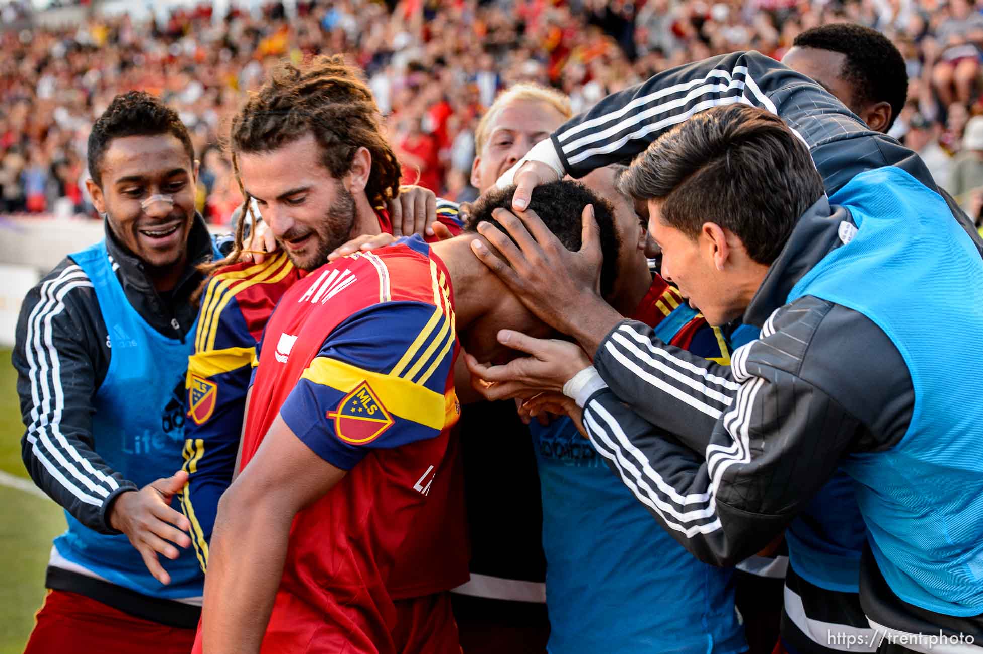 Trent Nelson  |  The Salt Lake Tribune
Real Salt Lake defender/midfielder Jordan Allen (7) is surrounded by teammates celebrating his game-winning goal as Real Salt Lake hosts Toronto FC at Rio Tinto Stadium in Sandy, Sunday March 29, 2015.