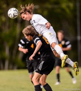 Trent Nelson  |  The Salt Lake Tribune
Skyline's Tyler Kalakish (29) heads the ball in a first round Class 4A soccer state game between Wasatch and Skyline High School, in Salt Lake City, Wednesday May 13, 2015.