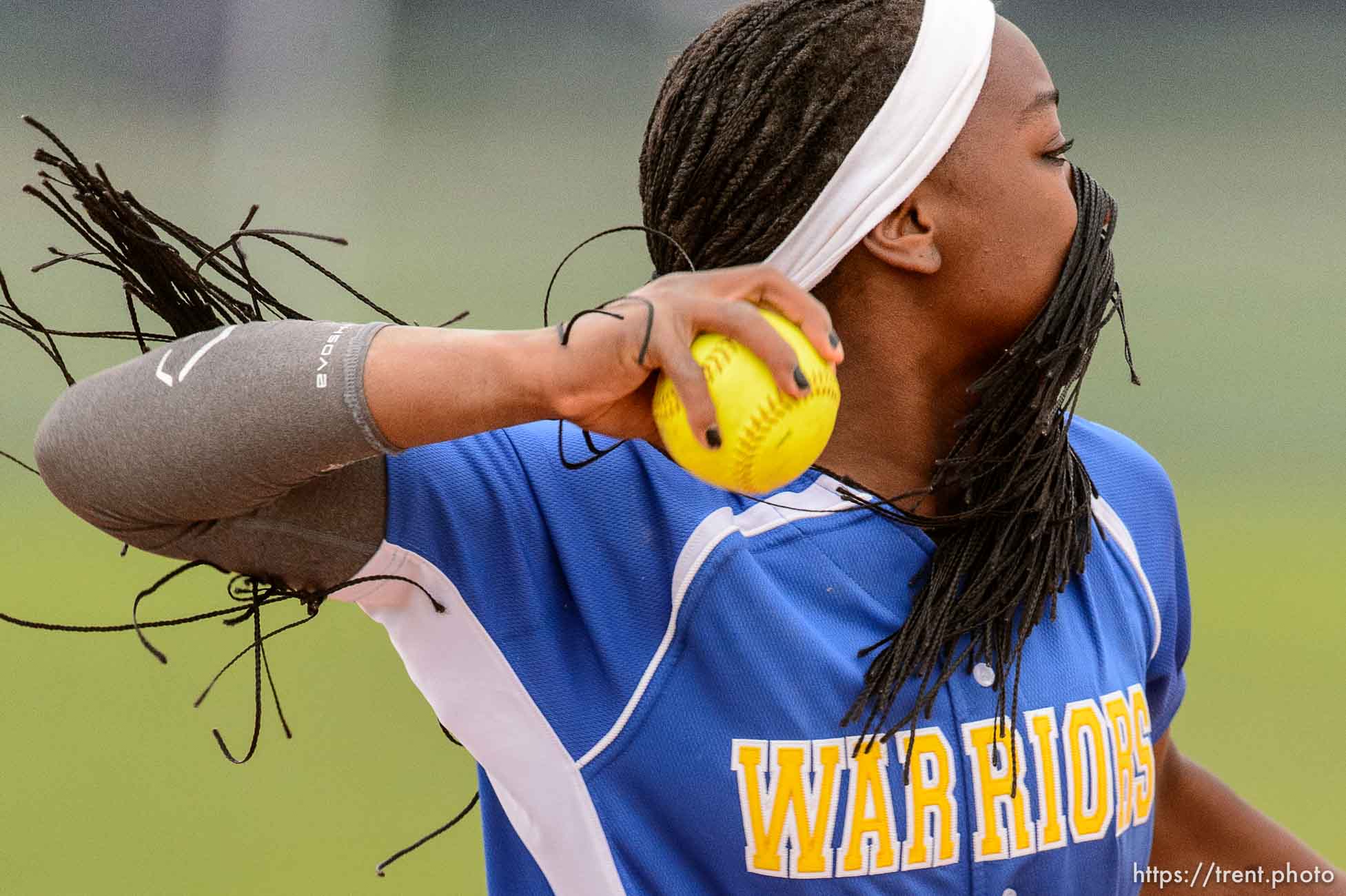 Trent Nelson  |  The Salt Lake Tribune
Taylorsville's Jazmyn Rollin throws the ball during a 5A softball tournament second-round game between defending champion Lehi and No. 1 seed Taylorsville, Thursday May 14, 2015.