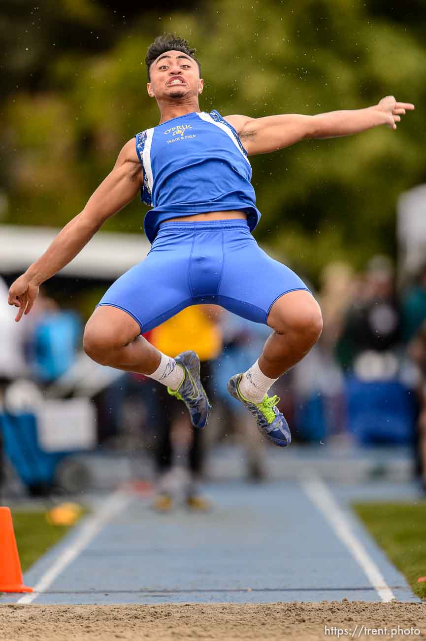 Trent Nelson  |  The Salt Lake Tribune
Cyprus's AJ Semeatu competes in the 4A long jump at the state high school track meet in Provo, Saturday May 16, 2015.