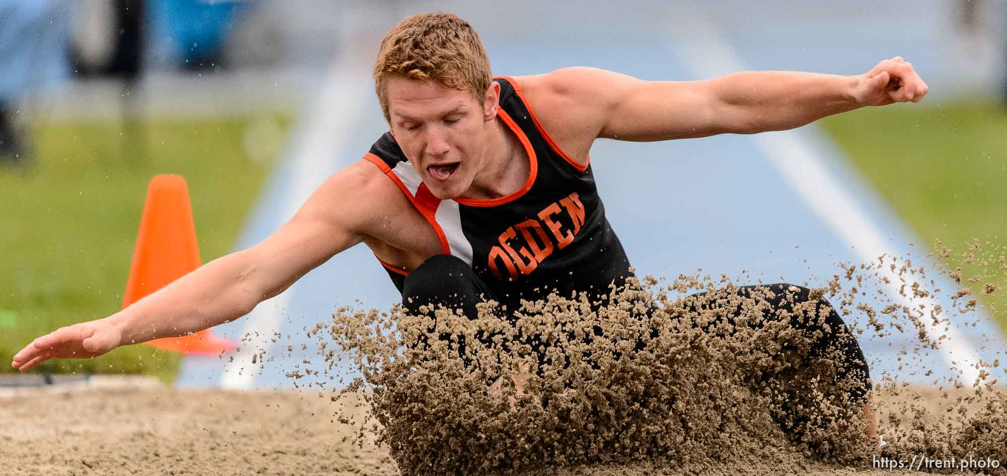 Trent Nelson  |  The Salt Lake Tribune
Ogden's Parker Lowry competes in the 4A long jump at the state high school track meet in Provo, Saturday May 16, 2015.