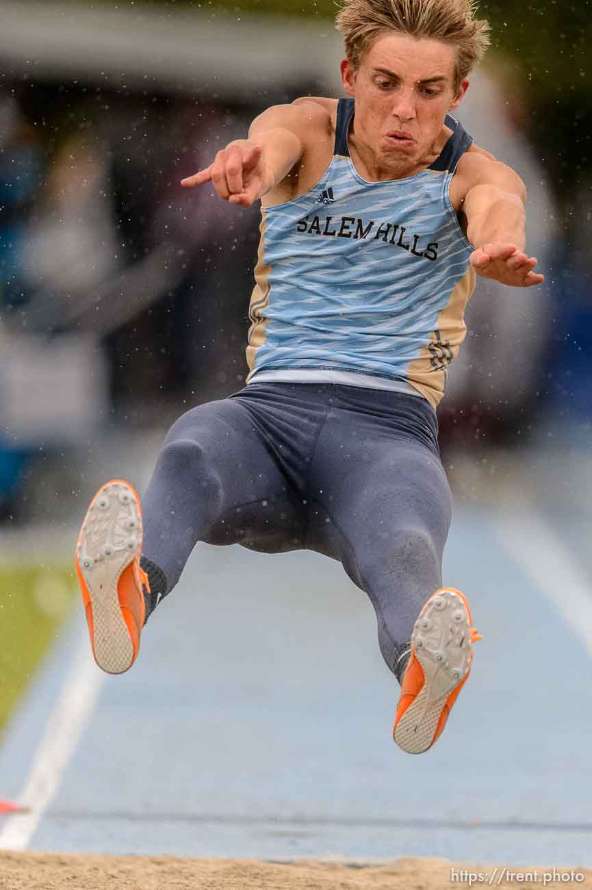 Trent Nelson  |  The Salt Lake Tribune
Salem Hills's Tyler Denning competes in the 4A long jump at the state high school track meet in Provo, Saturday May 16, 2015.