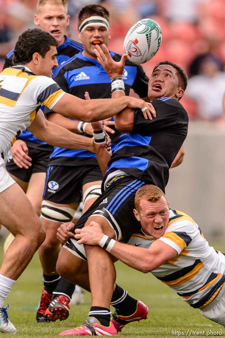 Trent Nelson  |  The Salt Lake Tribune
Players grapple for the ball as BYU faces Cal in the Penn Mutual Varsity Cup National Rugby Championship at Rio Tinto Stadium in Sandy, Saturday May 2, 2015.