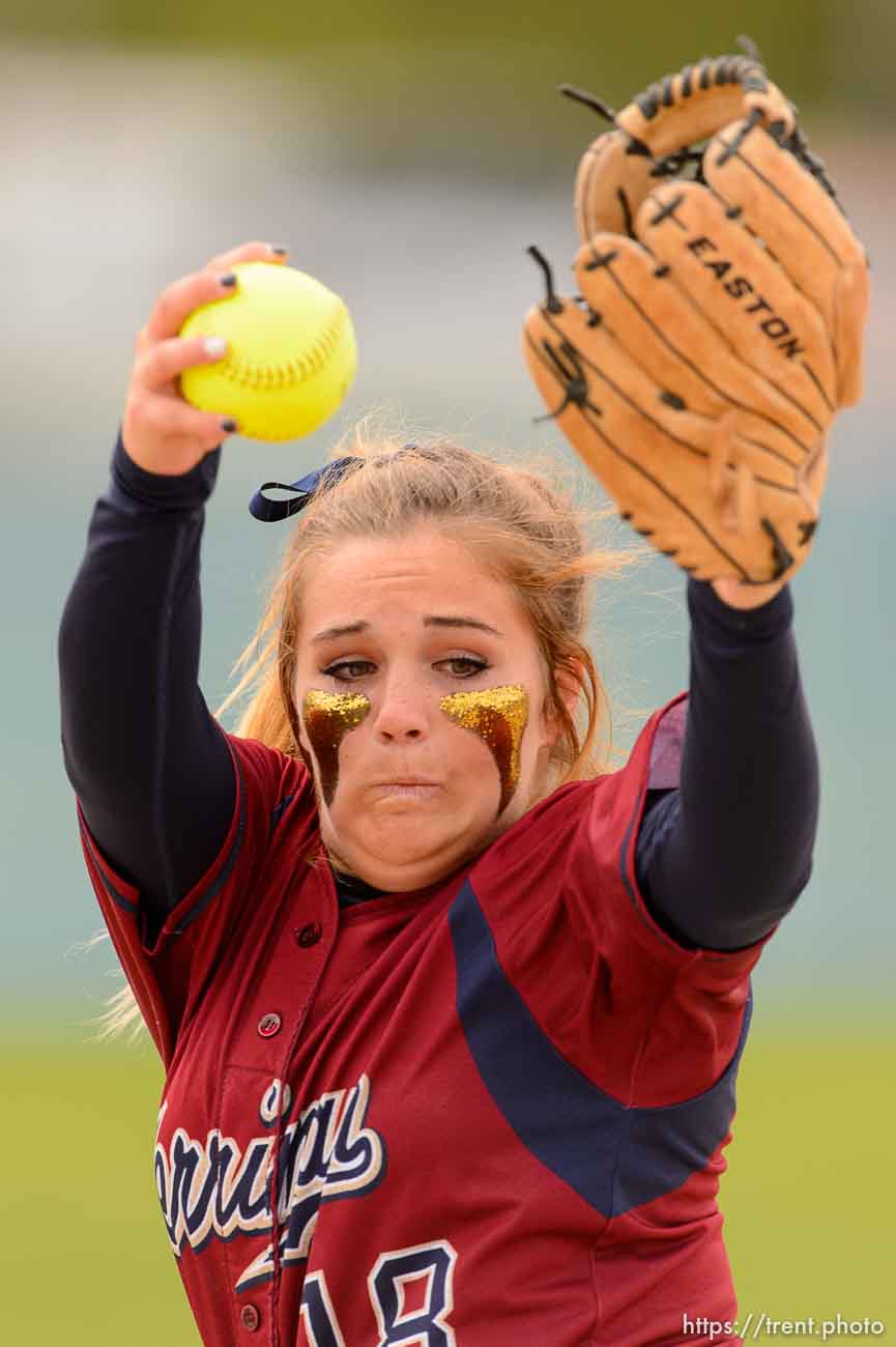 Trent Nelson  |  The Salt Lake Tribune
Herriman pitcher Bryce Taylor (18) in action as Herriman faces Lehi in the 5A high school softball championship game, in West Valley City, Friday May 22, 2015.