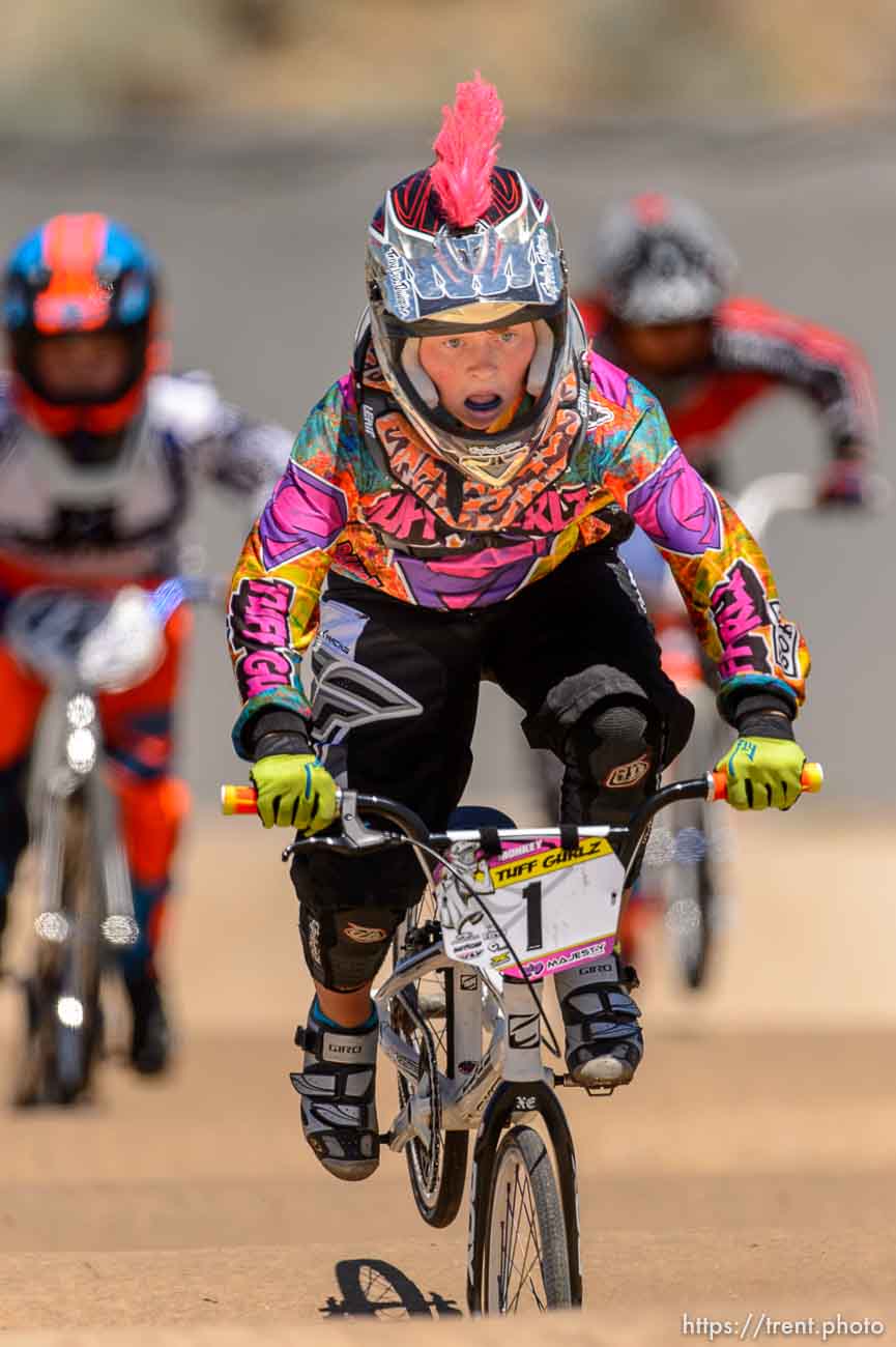 Trent Nelson  |  The Salt Lake Tribune
Morgan Zimmerman races in the 12-year-old girls age class at the U.S. BMX National Series at Rad Canyon BMX in South Jordan, Saturday June 13, 2015.