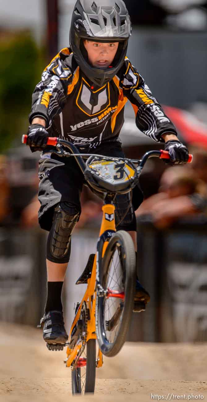 Trent Nelson  |  The Salt Lake Tribune
Kohl Piluso races in the 12-year-old expert age class at the U.S. BMX National Series at Rad Canyon BMX in South Jordan, Saturday June 13, 2015.