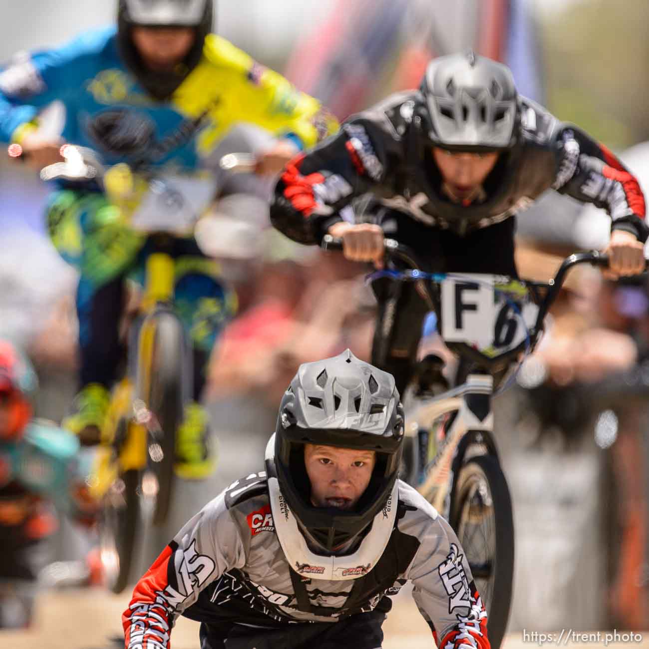 Trent Nelson  |  The Salt Lake Tribune
Gianni Law in the lead, racing in the 13-year-old expert age class at the U.S. BMX National Series at Rad Canyon BMX in South Jordan, Saturday June 13, 2015.