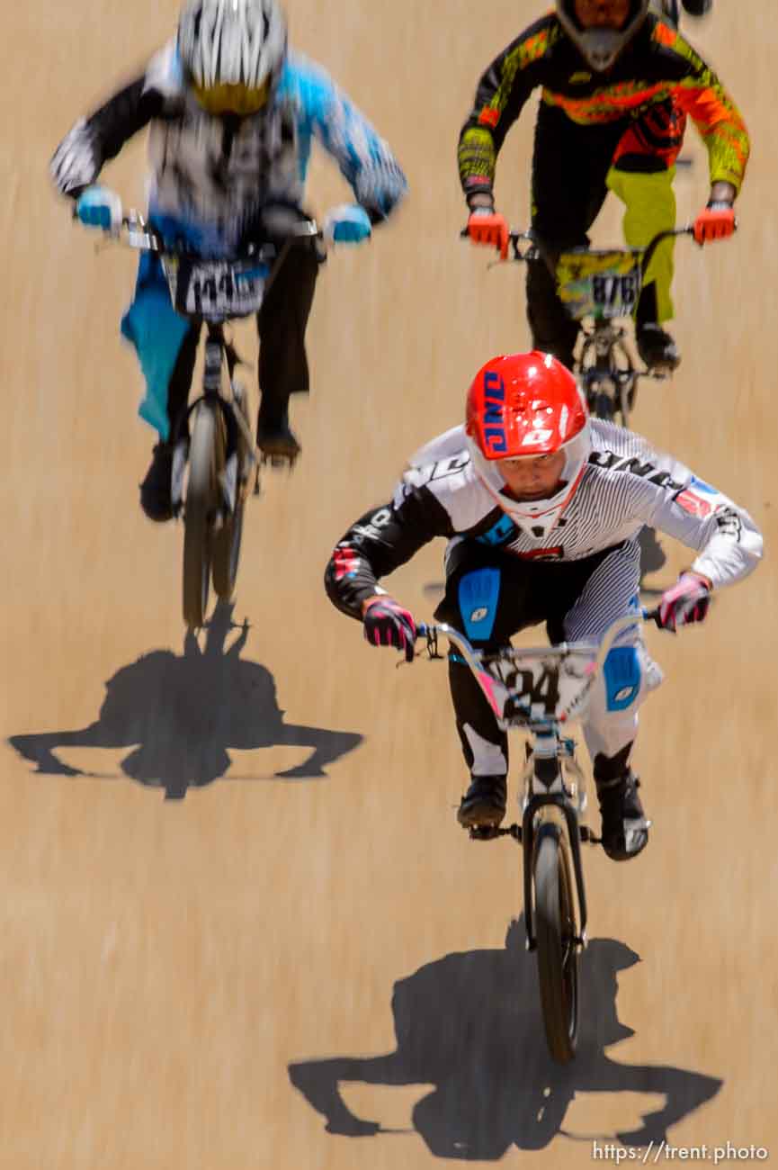 Trent Nelson  |  The Salt Lake Tribune
Corben Sharrah leads in the elite classat the U.S. BMX National Series at Rad Canyon BMX in South Jordan, Saturday June 13, 2015.