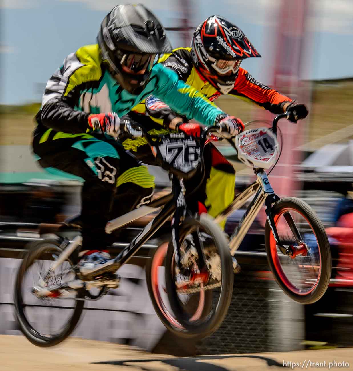 Trent Nelson  |  The Salt Lake Tribune
Corey Salas and Zachary Vankammen in a tight race, competing in the 19-27 expert age class at the U.S. BMX National Series at Rad Canyon BMX in South Jordan, Saturday June 13, 2015.