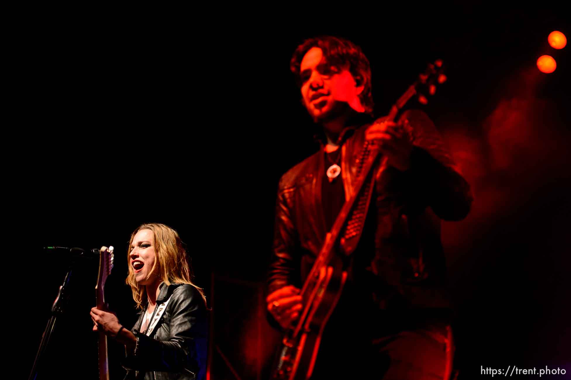 Trent Nelson  |  The Salt Lake Tribune
Lzzy Hale and Joe Hottinger on stage as Halestorm performs at Saltair, Wednesday June 3, 2015.