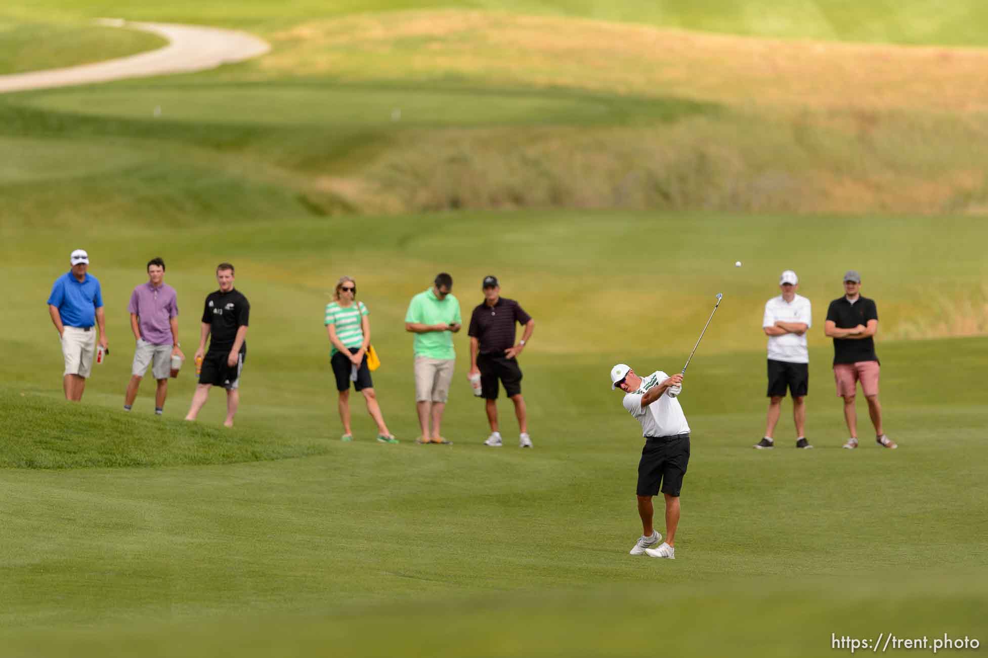 Trent Nelson  |  The Salt Lake Tribune
Darrin Overson hits the ball in the championship match of the 117th Utah State Amateur golf tournament at Soldier Hollow Golf Course in Midway, Saturday July 11, 2015.