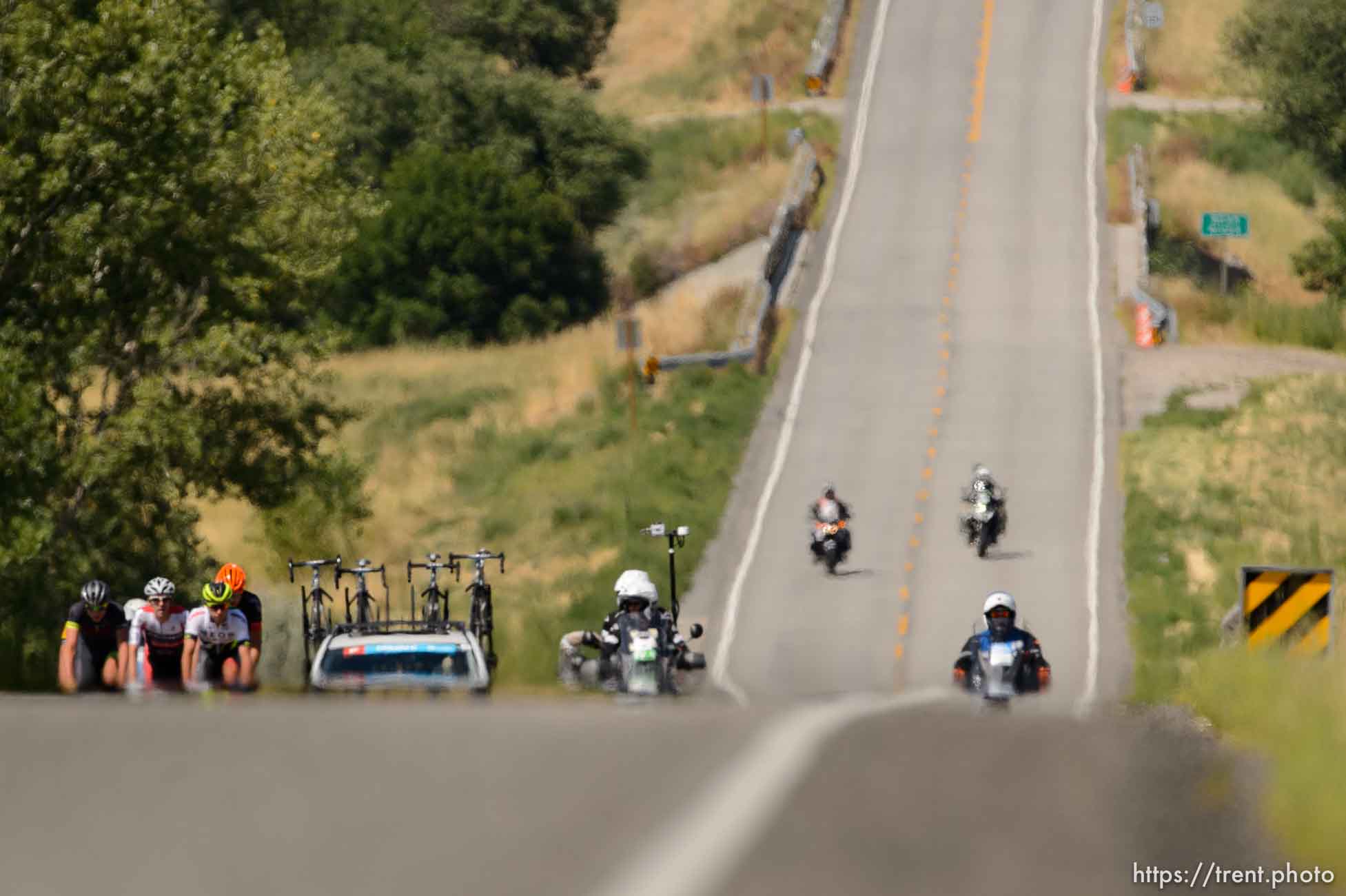 Trent Nelson  |  The Salt Lake Tribune
A breakaway group of riders in the Tour of Utah's second stage head into Deweyville, Tuesday August 4, 2015.