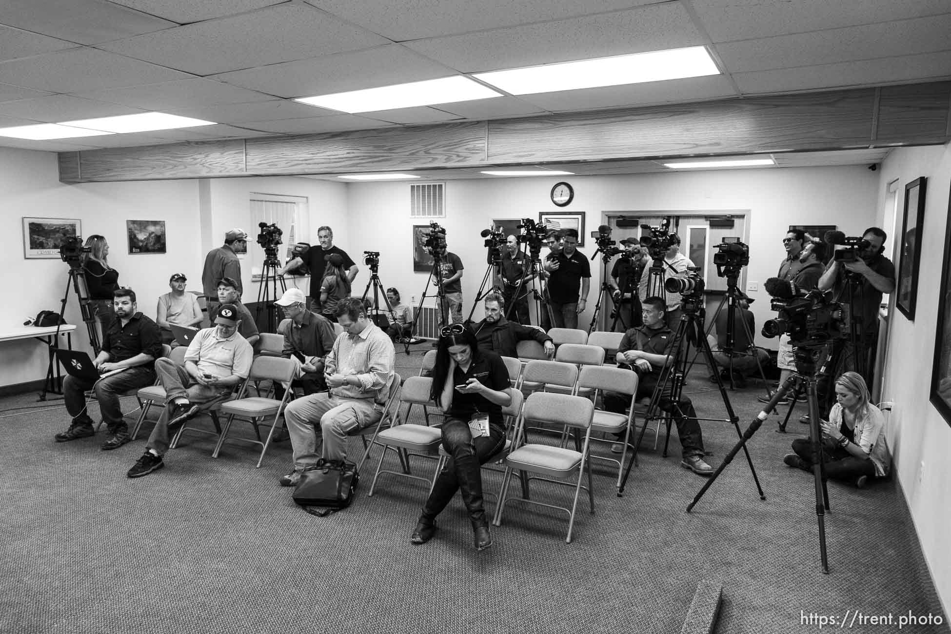 Trent Nelson  |  The Salt Lake Tribune
Media, flash flood press conference at colorado city hall,  Tuesday September 15, 2015.
Eight people had died and five remained missing Tuesday morning, the day after an SUV and a van were washed off a road during a flash flood in this polygamous Utah-Arizona border community