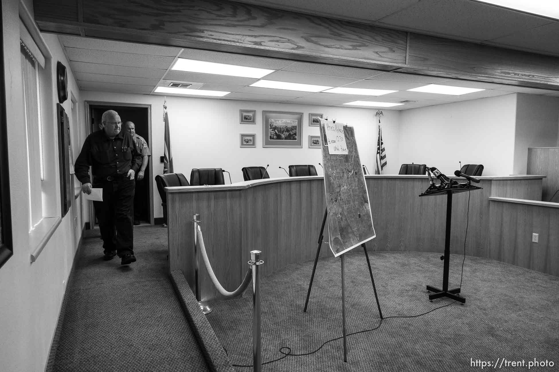 Trent Nelson  |  The Salt Lake Tribune
Hildale Mayor Philip Barlow, Washington County Sheriff Cody Pulsipher, flash flood press conference at colorado city hall,  Tuesday September 15, 2015.
Eight people had died and five remained missing Tuesday morning, the day after an SUV and a van were washed off a road during a flash flood in this polygamous Utah-Arizona border community