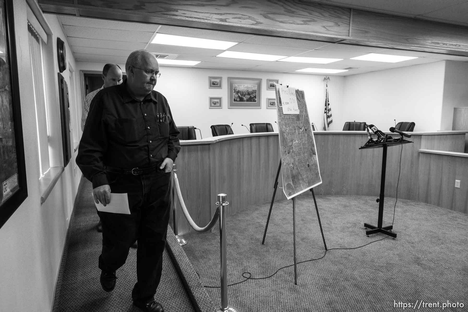 Trent Nelson  |  The Salt Lake Tribune
Hildale Mayor Philip Barlow, Lt. Governor Spencer Cox, flash flood press conference at colorado city hall,  Tuesday September 15, 2015.
Eight people had died and five remained missing Tuesday morning, the day after an SUV and a van were washed off a road during a flash flood in this polygamous Utah-Arizona border community