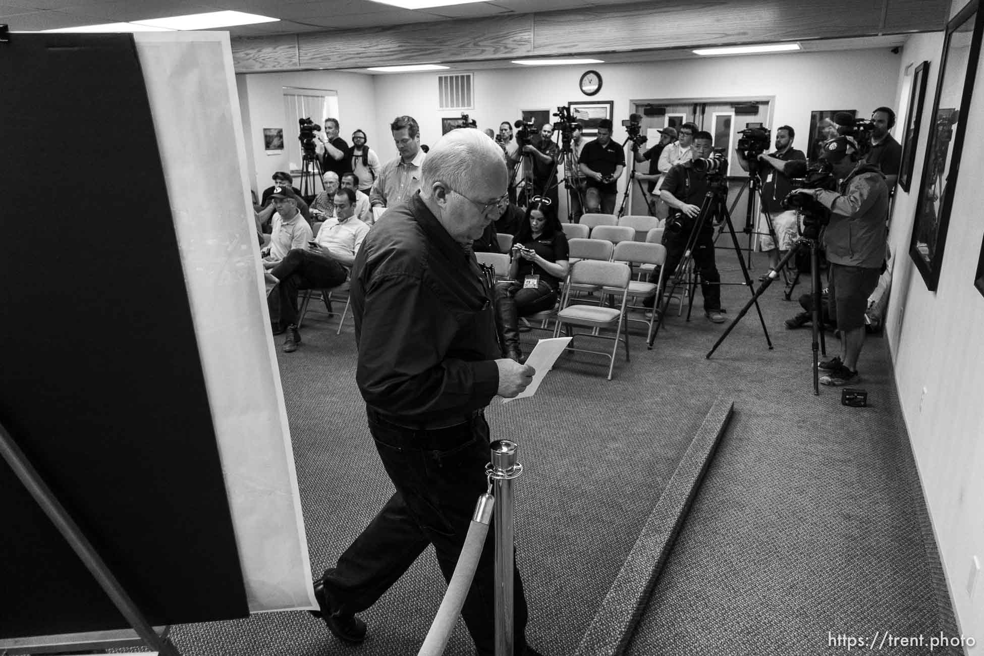 Trent Nelson  |  The Salt Lake Tribune
Hildale Mayor Philip Barlow, flash flood press conference at colorado city hall,  Tuesday September 15, 2015.
Eight people had died and five remained missing Tuesday morning, the day after an SUV and a van were washed off a road during a flash flood in this polygamous Utah-Arizona border community