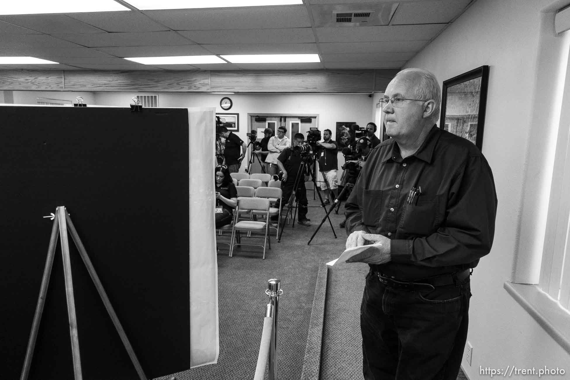 Trent Nelson  |  The Salt Lake Tribune
Hildale Mayor Philip Barlow, flash flood press conference at colorado city hall,  Tuesday September 15, 2015.
Eight people had died and five remained missing Tuesday morning, the day after an SUV and a van were washed off a road during a flash flood in this polygamous Utah-Arizona border community