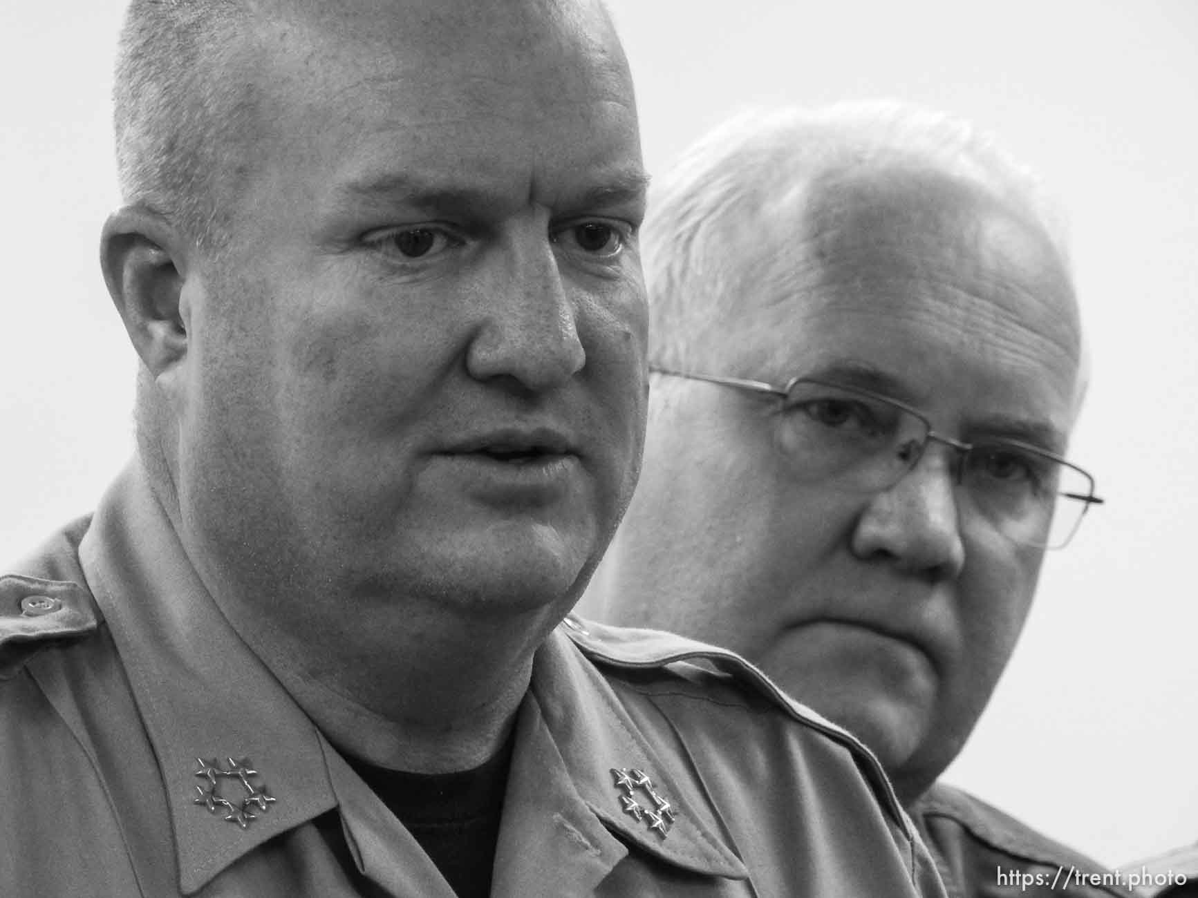 Trent Nelson  |  The Salt Lake Tribune
Washington County Sheriff Cory Pulsipher, Hildale Mayor Phillip Barlow.
Eight people had died and five remained missing Tuesday morning, the day after an SUV and a van were washed off a road during a flash flood in this polygamous Utah-Arizona border community

, Tuesday September 15, 2015.