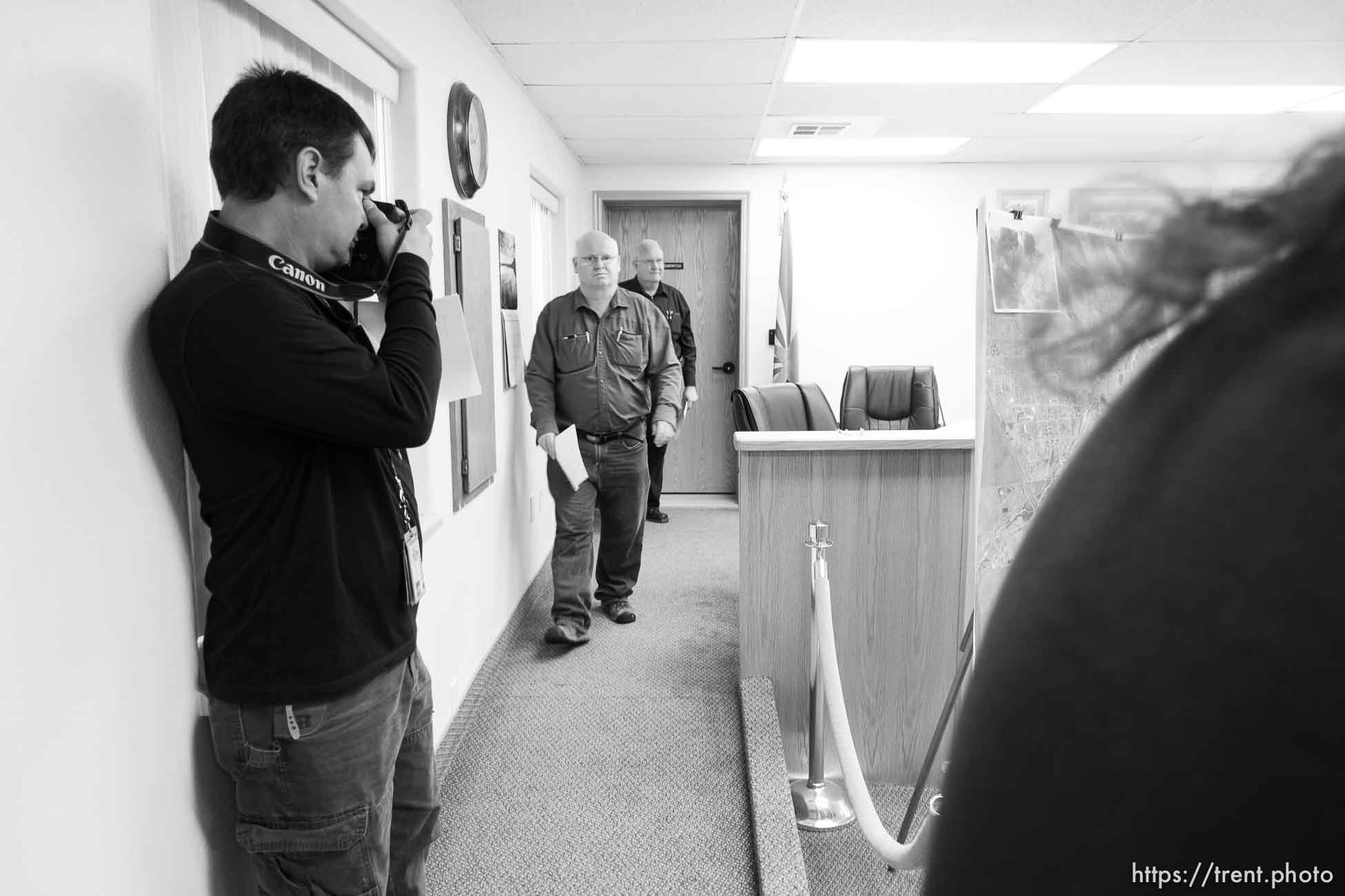 Trent Nelson  |  The Salt Lake Tribune
Hildale Mayor Phillip Barlow speaks at a press conference regarding the continued search after a flash flood. Colorado City, Wednesday September 16, 2015. city manager raymond barlow in front. scott winterton at left