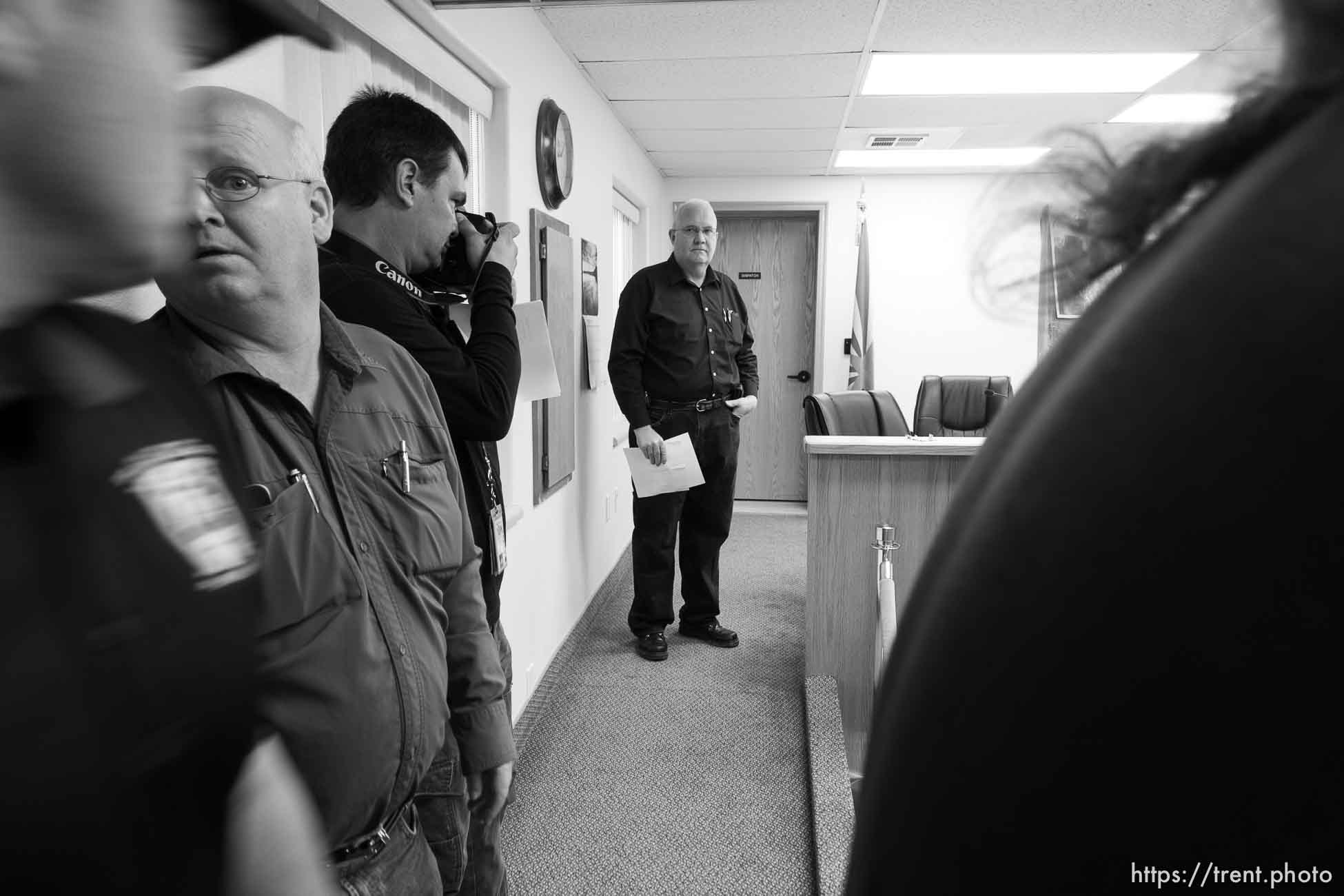 Trent Nelson  |  The Salt Lake Tribune
Hildale Mayor Philip Barlow speaks at a press conference regarding the continued search after a flash flood. Colorado City, Wednesday September 16, 2015. city manager raymond barlow at left. scott winterton