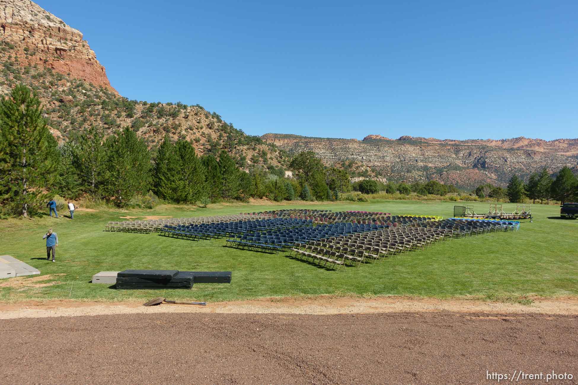 Trent Nelson  |  The Salt Lake Tribune
chairs set out for a memorial for the 13 (and 1 still missing) victims of a September 14th flash flood. The memorial was held in Maxwell Park in Hildale, Friday September 25, 2015.