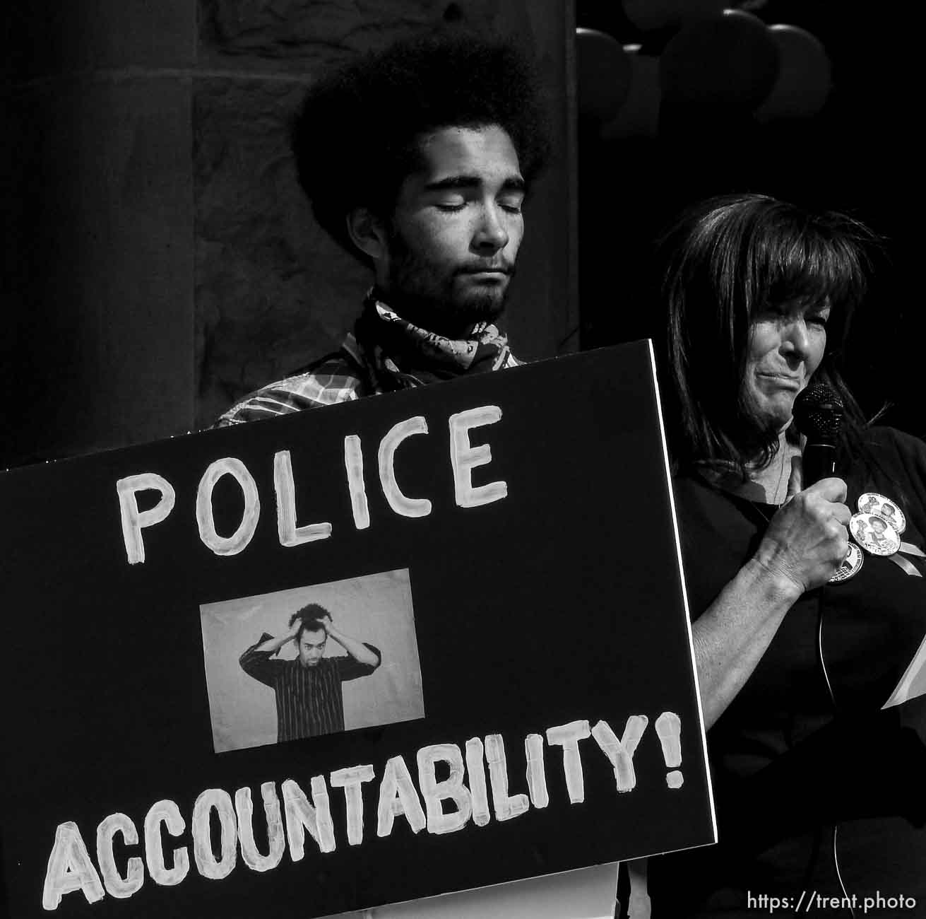 Trent Nelson  |  The Salt Lake Tribune
Susan Hunt, right, is supported by her son Kerahn while at a rally addressing police abuse of power and sponsored by No More Tears, at the City & County Building in Salt Lake City , Saturday September 5, 2015.