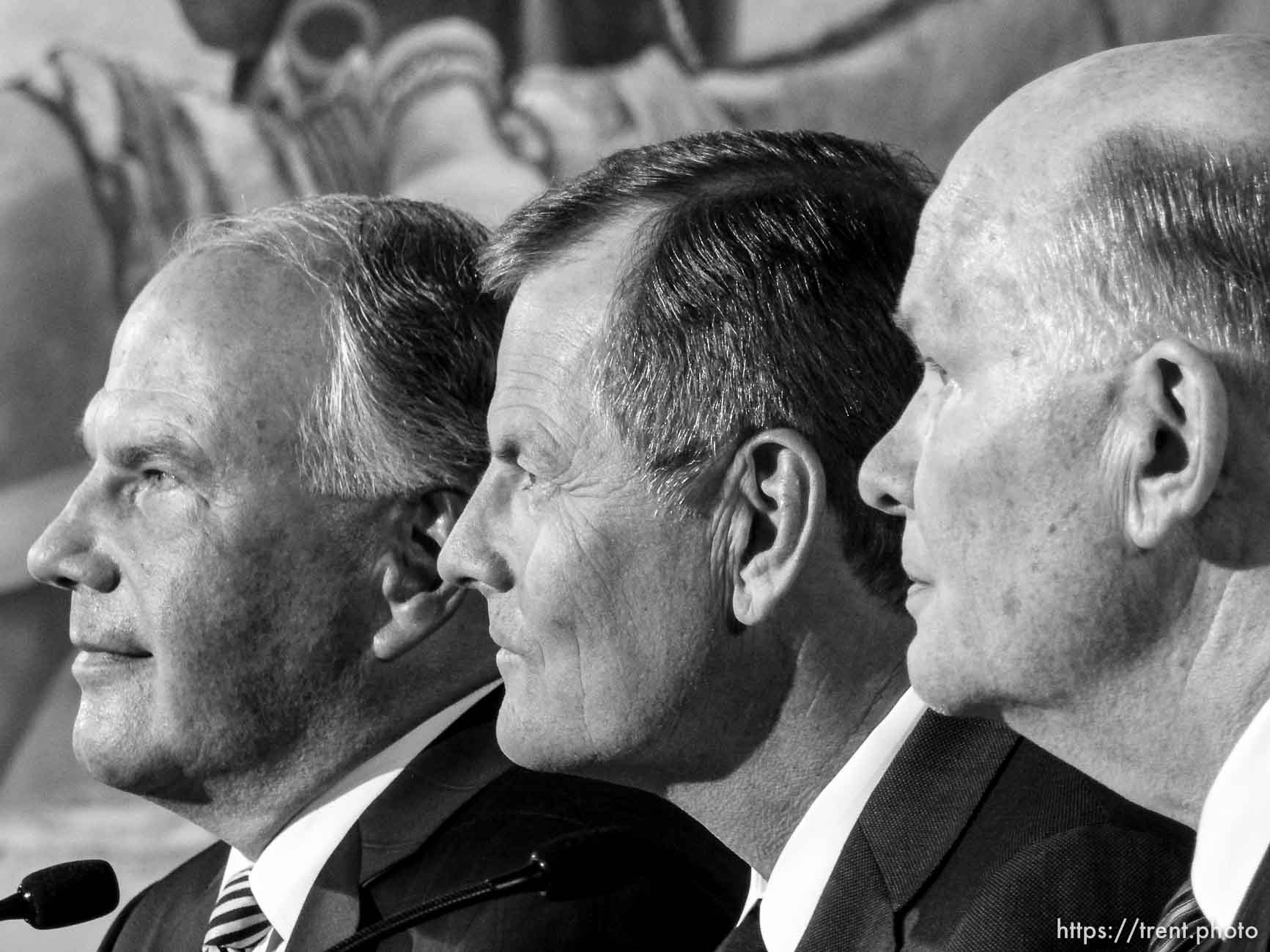 Trent Nelson  |  The Salt Lake Tribune
New LDS apostles, from left, Ronald A. Rasband, Gary E. Stevenson, and Dale G. Renlund, are introduced at a press conference during the 185th Semiannual General Conference of the LDS Church in Salt Lake City, Saturday October 3, 2015.