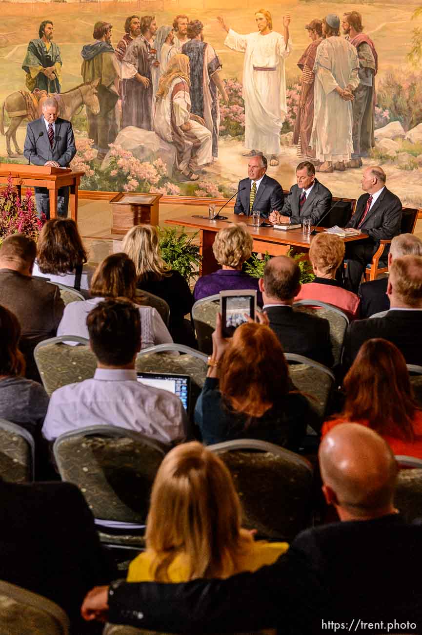 Trent Nelson  |  The Salt Lake Tribune
New LDS apostles, from left, Ronald A. Rasband, Gary E. Stevenson, and Dale G. Renlund, are introduced at a press conference during the 185th Semiannual General Conference of the LDS Church in Salt Lake City, Saturday October 3, 2015.