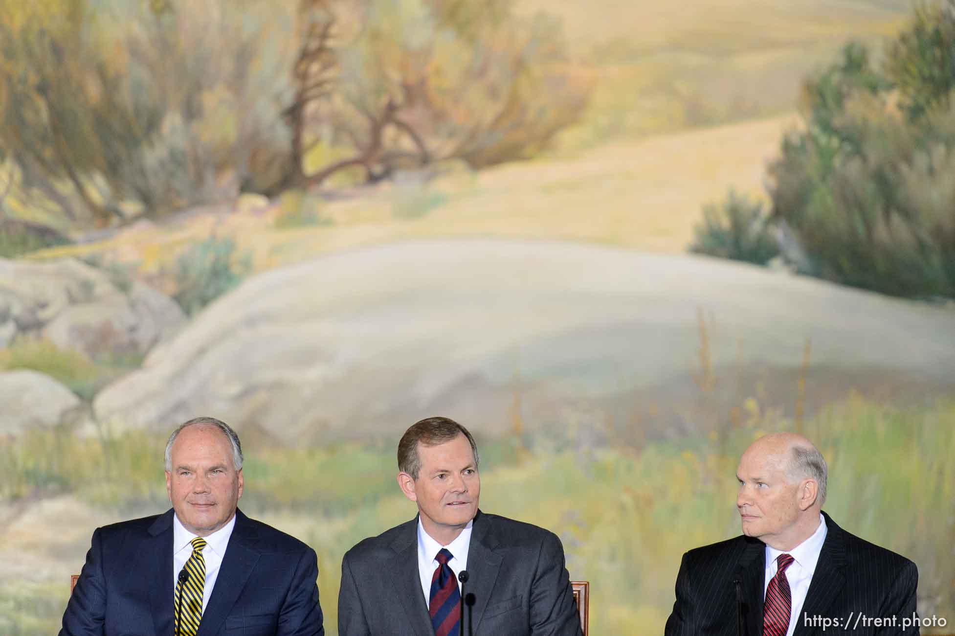 Trent Nelson  |  The Salt Lake Tribune
New LDS apostles, Ronald A. Rasband, Gary E. Stevenson, and Dale G. Renlund, are introduced at a press conference during the 185th Semiannual General Conference of the LDS Church in Salt Lake City, Saturday October 3, 2015.