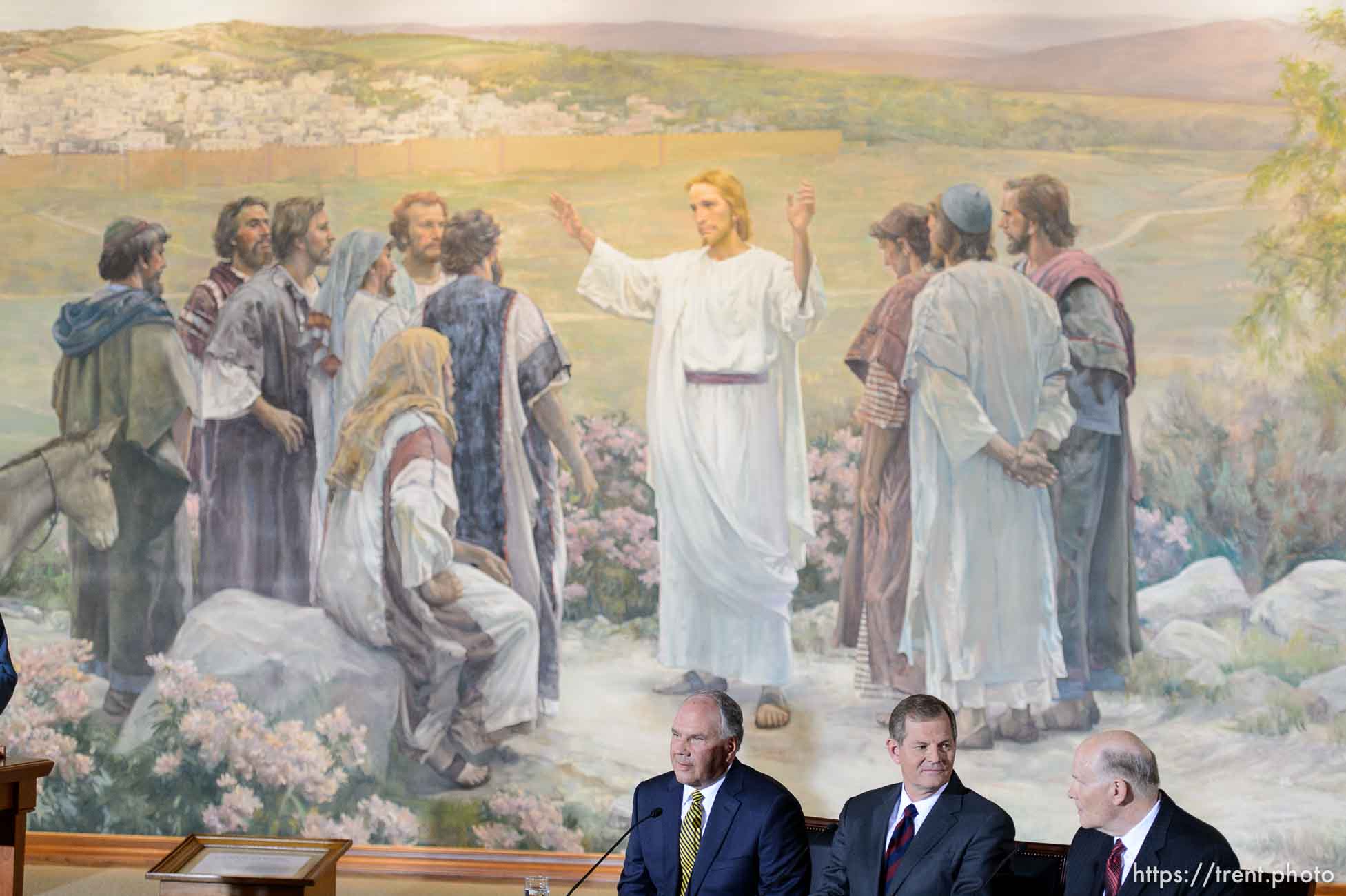 Trent Nelson  |  The Salt Lake Tribune
New LDS apostles, Ronald A. Rasband, Gary E. Stevenson, and Dale G. Renlund, are introduced at a press conference during the 185th Semiannual General Conference of the LDS Church in Salt Lake City, Saturday October 3, 2015.