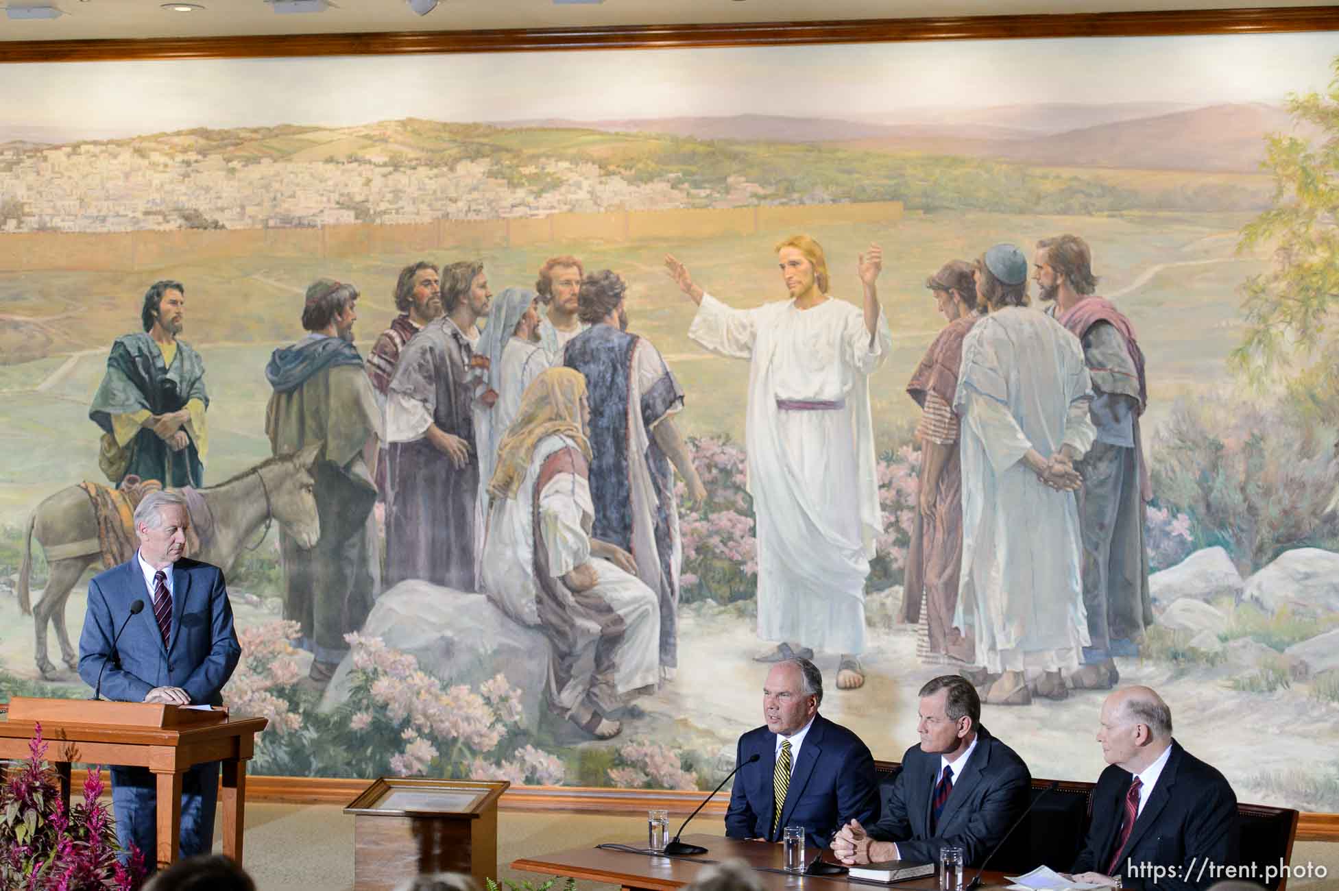 Trent Nelson  |  The Salt Lake Tribune
New LDS apostles, Ronald A. Rasband, Gary E. Stevenson, and Dale G. Renlund, are introduced at a press conference during the 185th Semiannual General Conference of the LDS Church in Salt Lake City, Saturday October 3, 2015. Mike Otterson at left