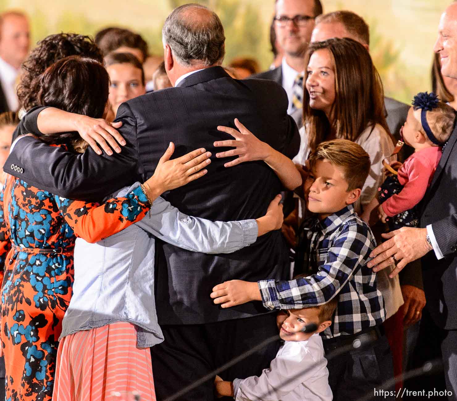 Trent Nelson  |  The Salt Lake Tribune
New LDS apostle Ronald A. Rasband is embraced by family after a press conference during the 185th Semiannual General Conference of the LDS Church in Salt Lake City, Saturday October 3, 2015.
