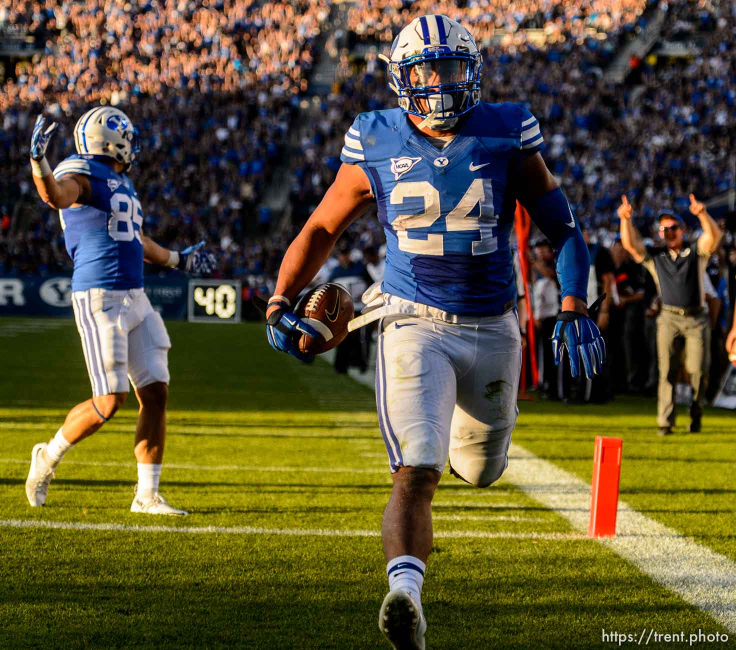 Trent Nelson  |  The Salt Lake Tribune
Brigham Young Cougars running back Algernon Brown (24) scores a touchdown as BYU hosts East Carolina, college football at LaVell Edwards Stadium in Provo, Saturday October 10, 2015.