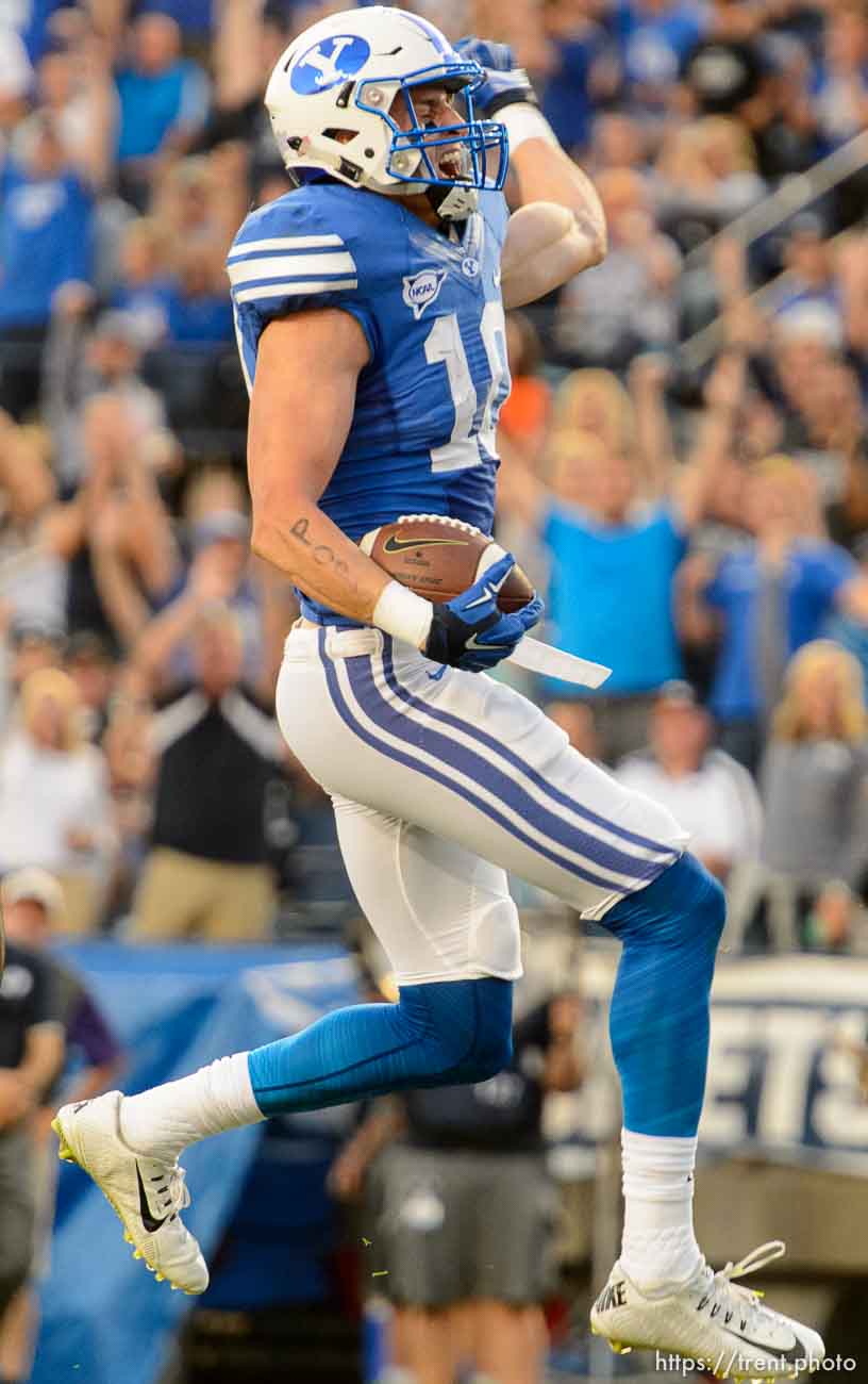 Trent Nelson  |  The Salt Lake Tribune
Brigham Young Cougars wide receiver Mitch Mathews (10) celebrates a touchdown as BYU hosts East Carolina, college football at LaVell Edwards Stadium in Provo, Saturday October 10, 2015.