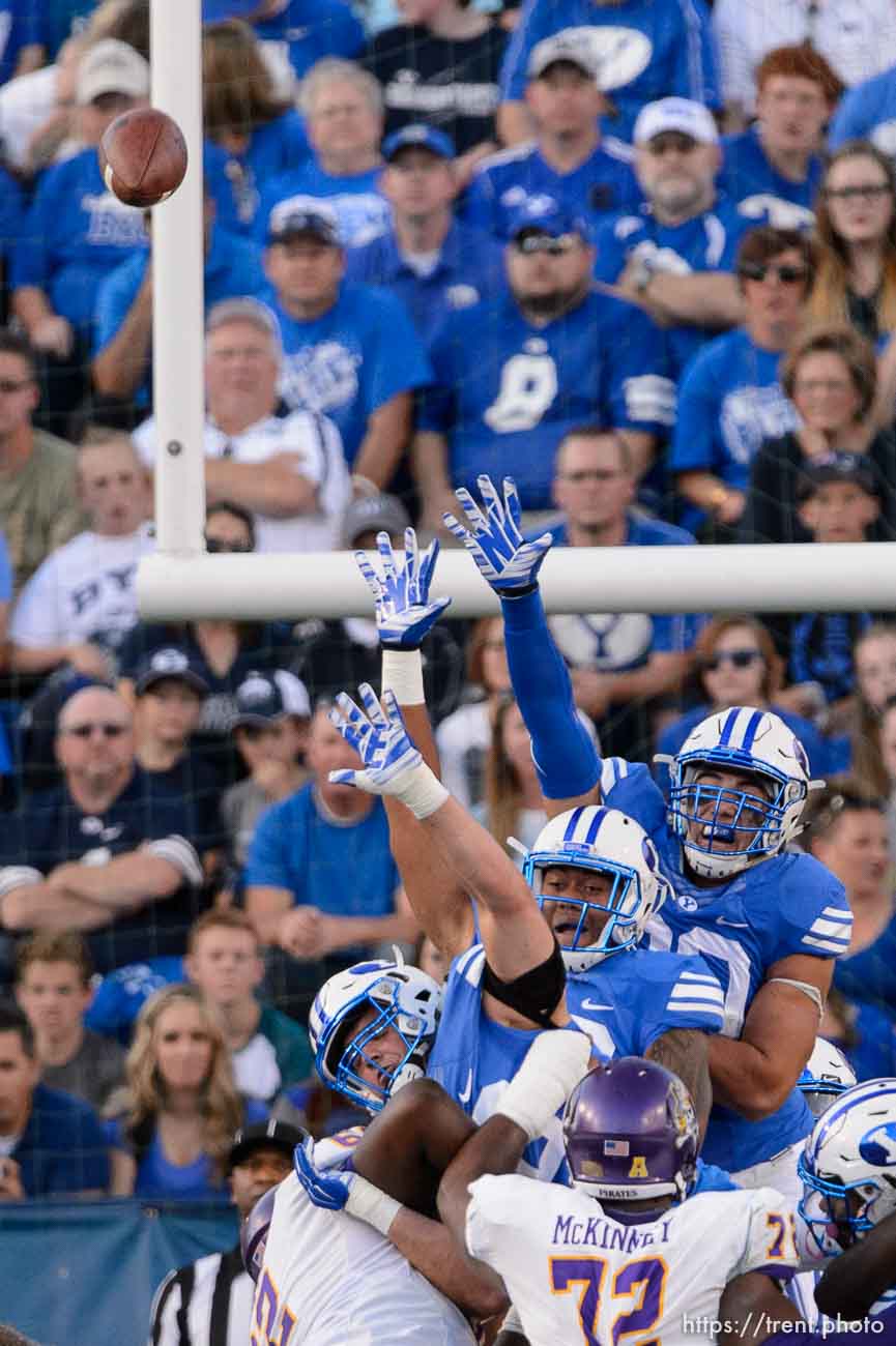 Trent Nelson  |  The Salt Lake Tribune
extra point block attempt as BYU hosts East Carolina, college football at LaVell Edwards Stadium in Provo, Saturday October 10, 2015.