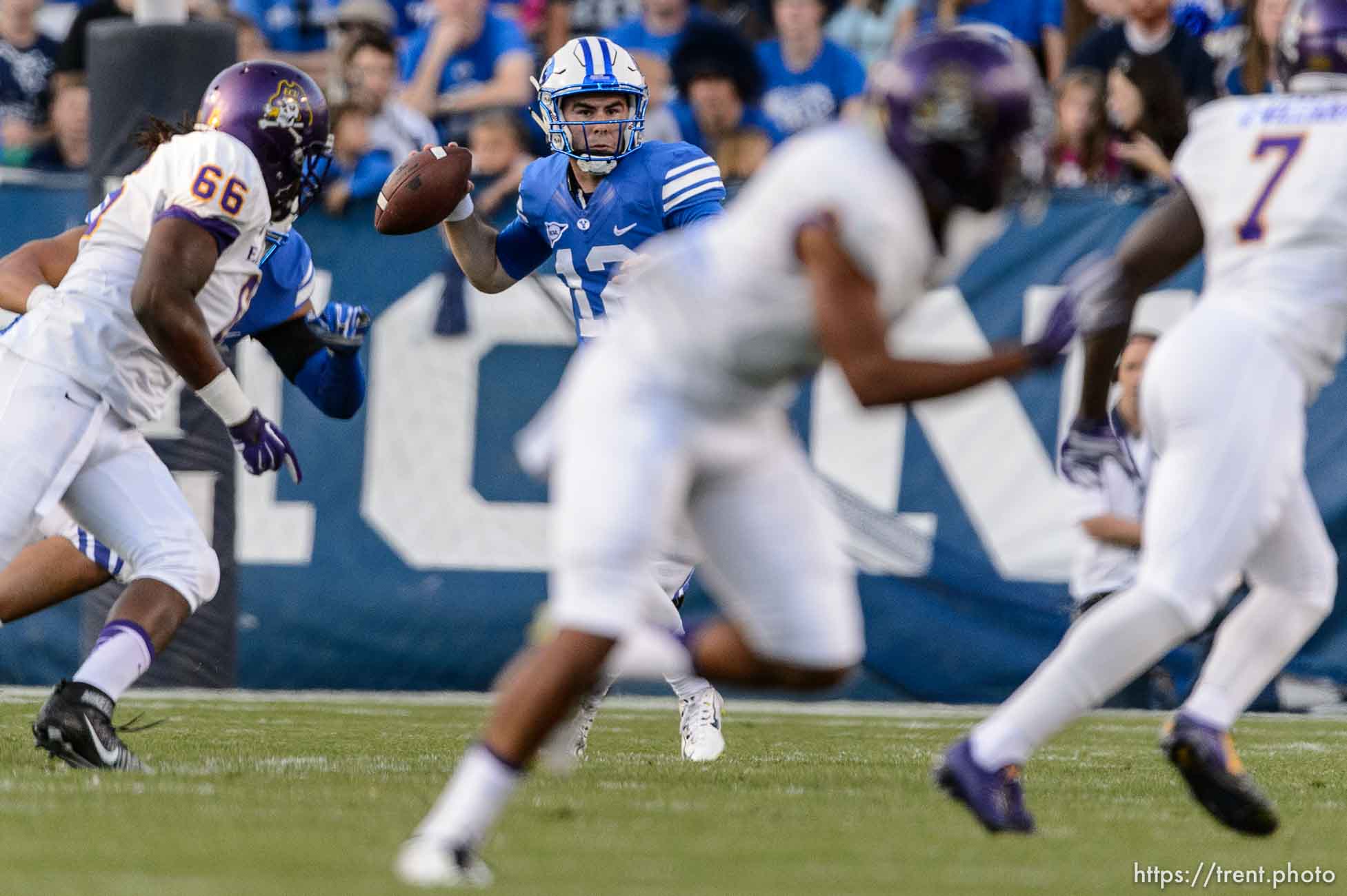 Trent Nelson  |  The Salt Lake Tribune
Brigham Young Cougars quarterback Tanner Mangum (12) looks to pass as BYU hosts East Carolina, college football at LaVell Edwards Stadium in Provo, Saturday October 10, 2015.