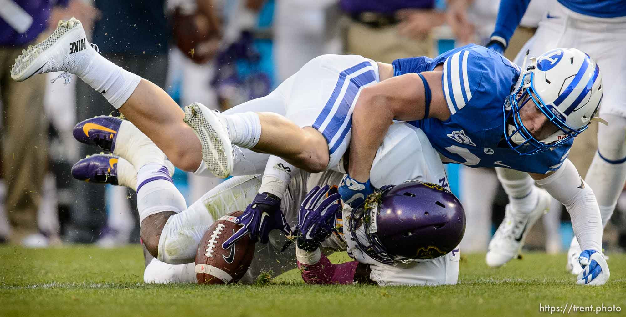 Trent Nelson  |  The Salt Lake Tribune
Brigham Young Cougars defensive back Matt Hadley (2) takes down East Carolina Pirates wide receiver Trevon Brown (88) as BYU hosts East Carolina, college football at LaVell Edwards Stadium in Provo, Saturday October 10, 2015.