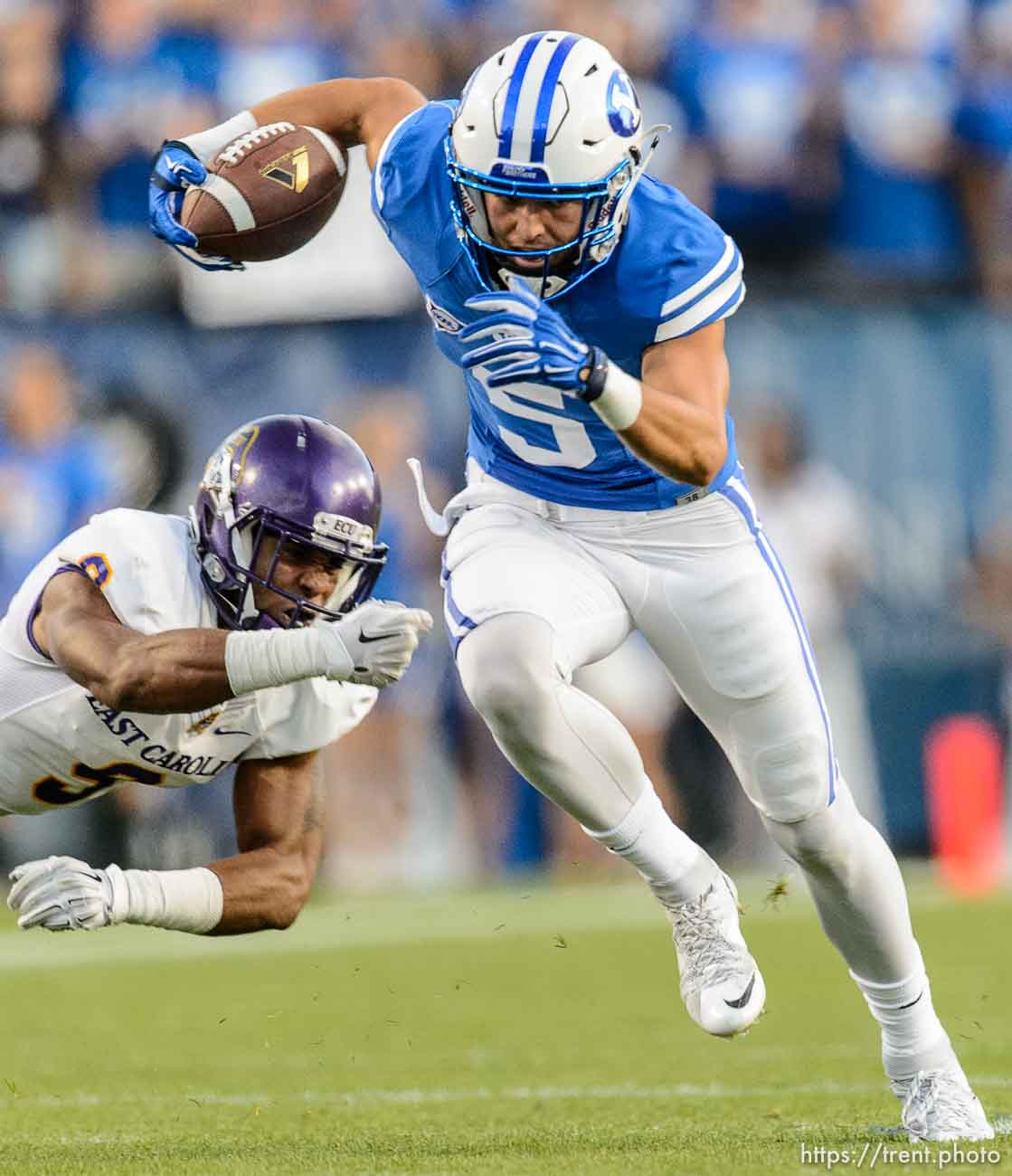 Trent Nelson  |  The Salt Lake Tribune
Brigham Young Cougars wide receiver Nick Kurtz (5) runs the ball as BYU hosts East Carolina, college football at LaVell Edwards Stadium in Provo, Saturday October 10, 2015.