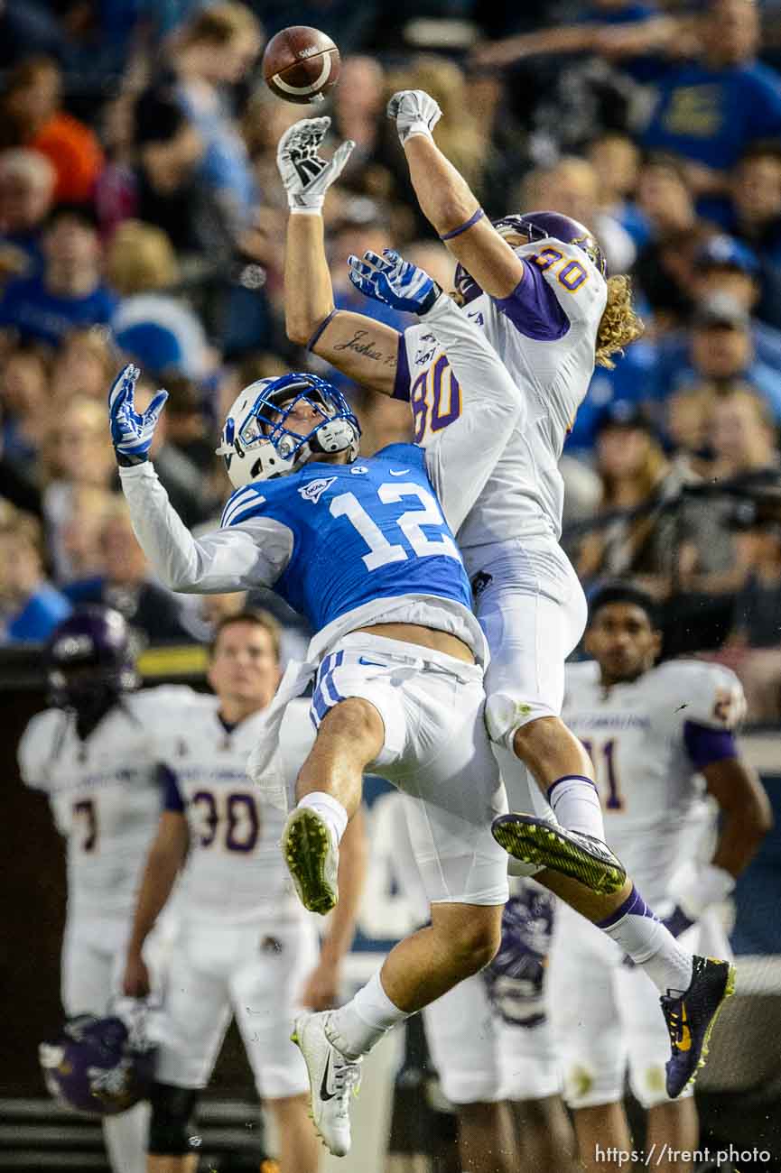 Trent Nelson  |  The Salt Lake Tribune
Brigham Young Cougars defensive back Kai Nacua (12) tries to defend a pass to East Carolina Pirates tight end Bryce Williams (80) as BYU hosts East Carolina, college football at LaVell Edwards Stadium in Provo, Saturday October 10, 2015.