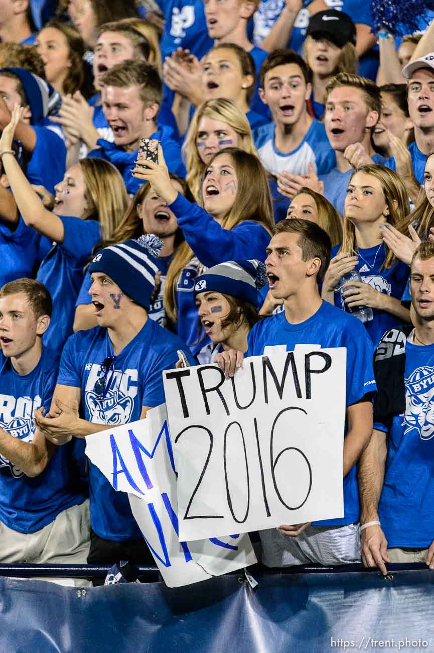 Trent Nelson  |  The Salt Lake Tribune
byu fan with donald trump 2016 sign, as BYU hosts East Carolina, college football at LaVell Edwards Stadium in Provo, Saturday October 10, 2015.