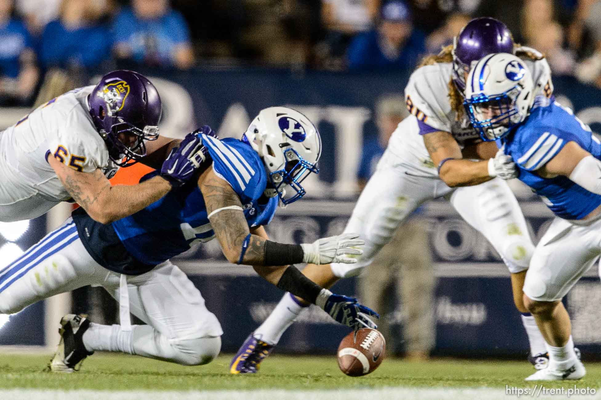 Trent Nelson  |  The Salt Lake Tribune
Brigham Young Cougars linebacker Sione Takitaki (16) recovers a fumble as BYU hosts East Carolina, college football at LaVell Edwards Stadium in Provo, Saturday October 10, 2015.