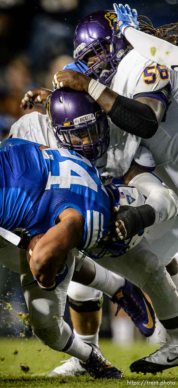 Trent Nelson  |  The Salt Lake Tribune
Brigham Young Cougars running back Algernon Brown (24) is tackled as BYU hosts East Carolina, college football at LaVell Edwards Stadium in Provo, Saturday October 10, 2015.