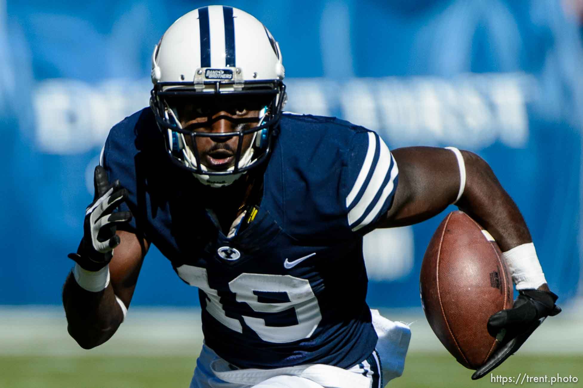 Trent Nelson  |  The Salt Lake Tribune
Brigham Young Cougars wide receiver Devon Blackmon (19) runs the ball as BYU hosts Wagner, NCAA football at LaVell Edwards Stadium in Provo, Saturday October 24, 2015.