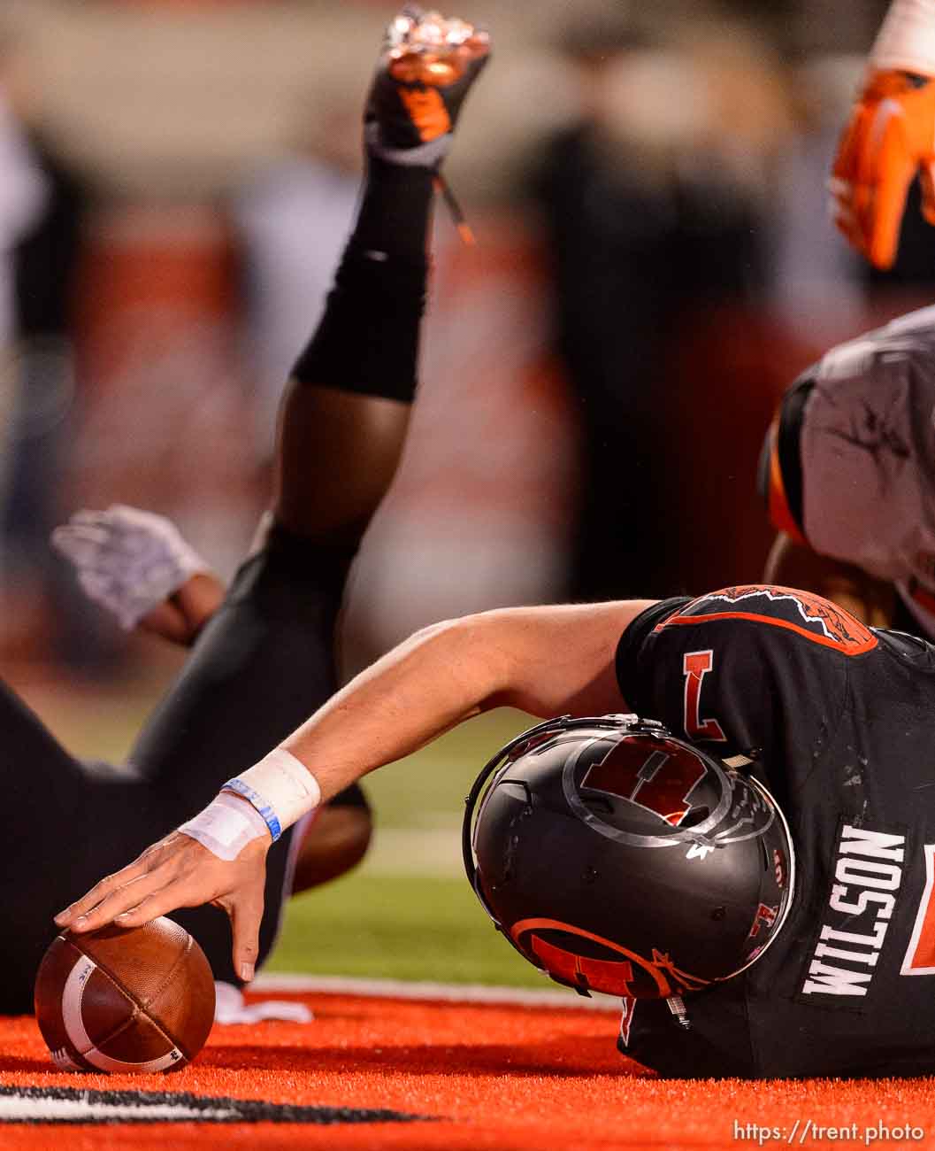 Trent Nelson  |  The Salt Lake Tribune
Utah Utes quarterback Travis Wilson (7) punctuates a touchdown as the University of Utah hosts Oregon State, NCAA football at Rice-Eccles Stadium in Salt Lake City, Saturday October 31, 2015.