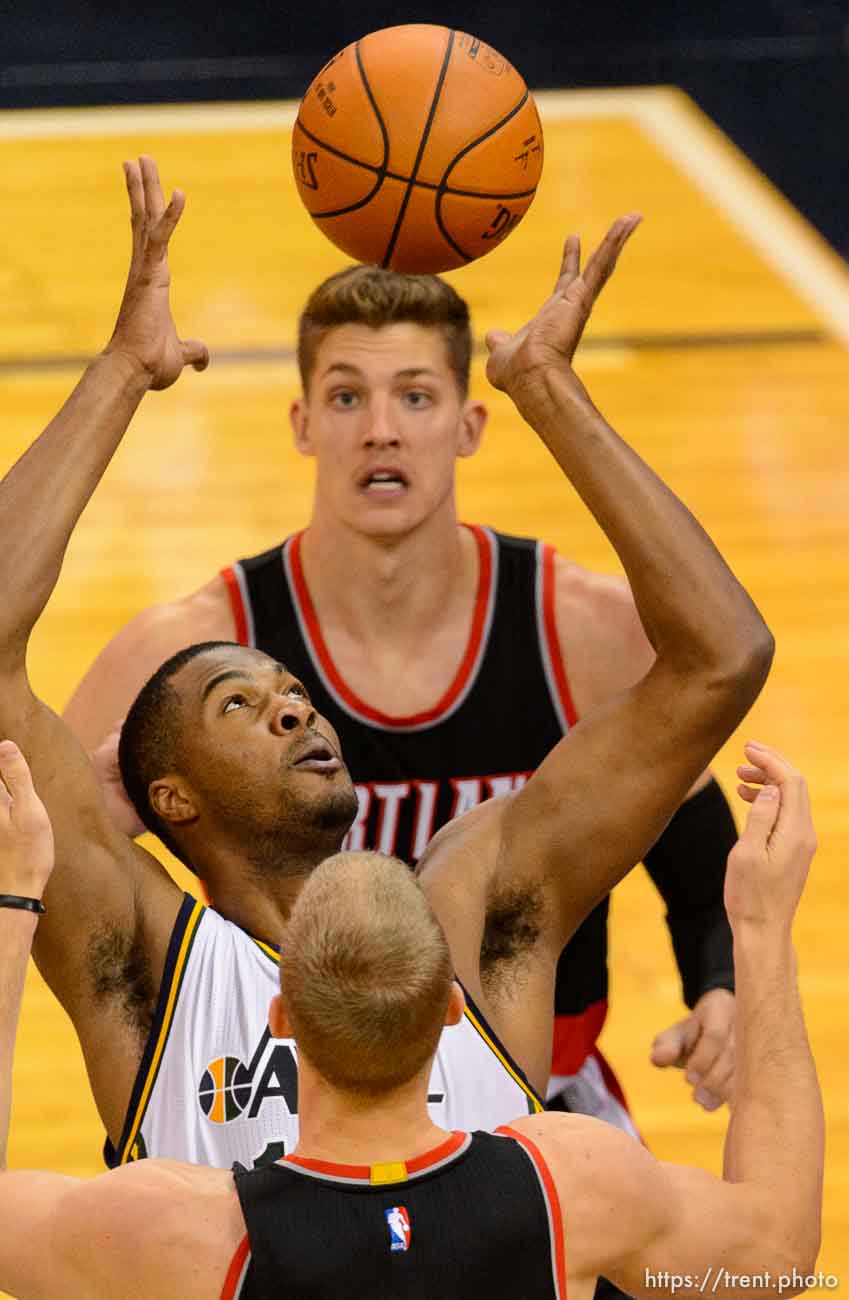 Trent Nelson  |  The Salt Lake Tribune
Utah Jazz forward Derrick Favors rebounds the ball as the Utah Jazz host the Portland Trail Blazers, NBA Basketball at Vivint Smart Home Arena in Salt Lake City, Wednesday November 4, 2015.