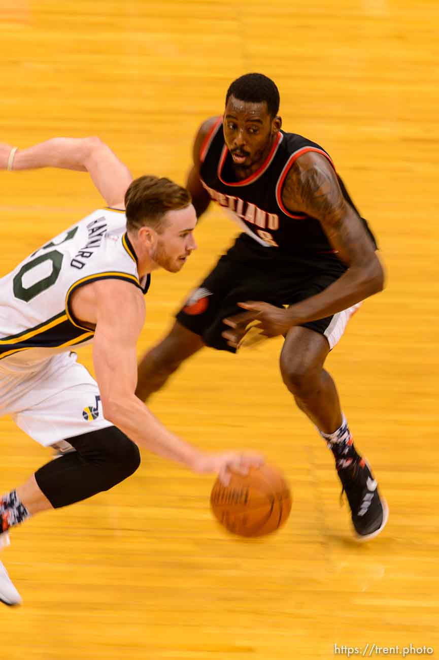 Trent Nelson  |  The Salt Lake Tribune
Utah Jazz forward Gordon Hayward Portland's Al-Farouq Aminu as the Utah Jazz host the Portland Trail Blazers, NBA Basketball at Vivint Smart Home Arena in Salt Lake City, Wednesday November 4, 2015.