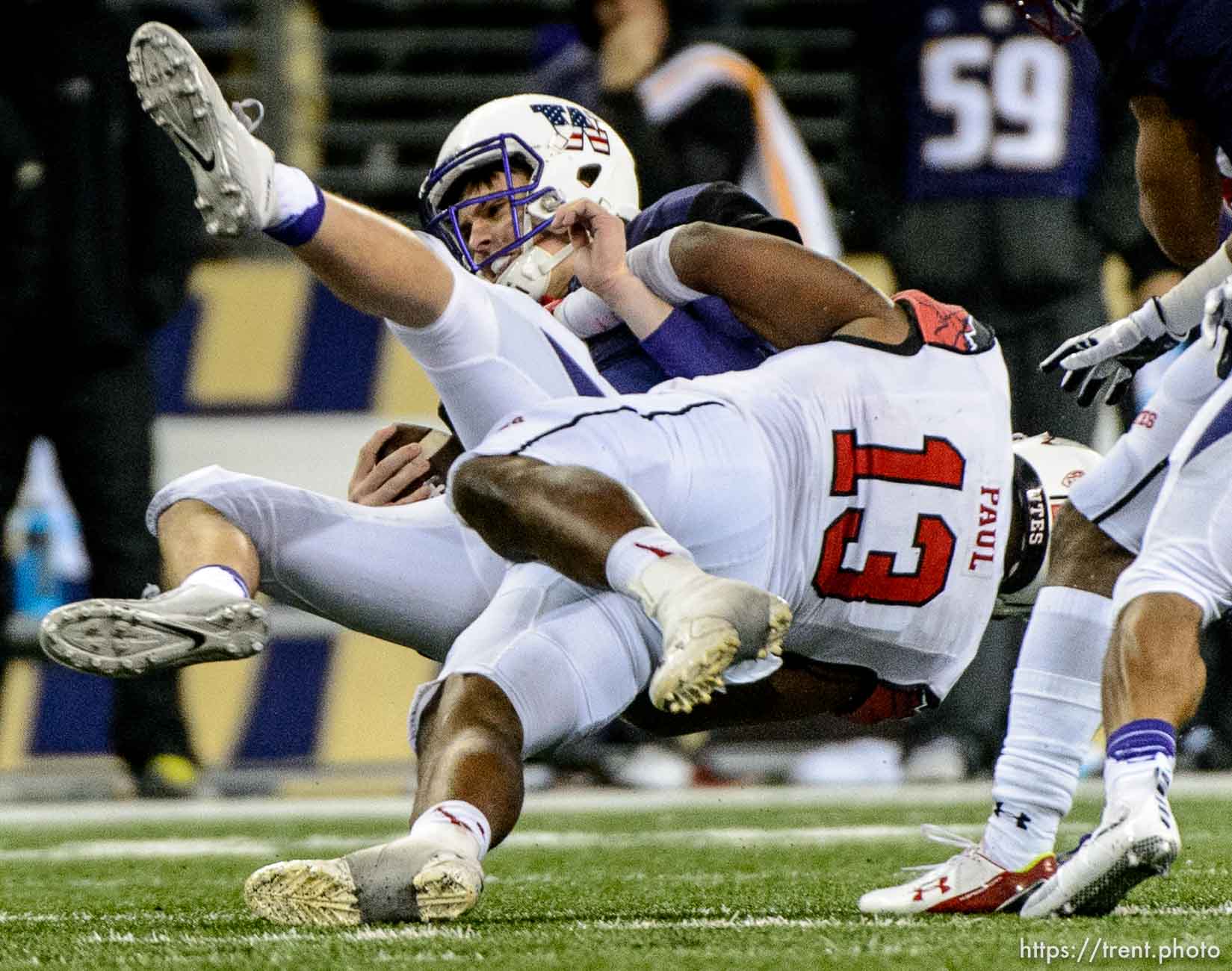 Trent Nelson  |  The Salt Lake Tribune
Utah Utes linebacker Gionni Paul (13) sacks Washington Huskies quarterback Jake Browning (3) as the University of Utah faces the University of Washington, NCAA football at Husky Stadium in Seattle, Saturday November 7, 2015.