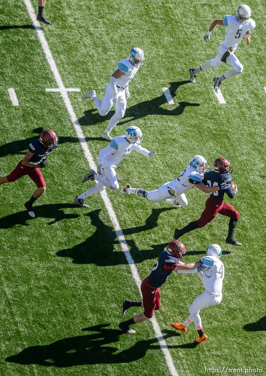 Trent Nelson  |  The Salt Lake Tribune
Herriman's Jake Jutkins (26) runs the opening kickoff, as Sky View faces Herriman in a 5A high school football semifinal game at Rice-Eccles Stadium in Salt Lake City, Friday November 13, 2015.