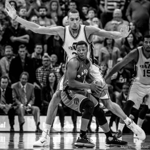 Trent Nelson  |  The Salt Lake Tribune
Utah Jazz center Rudy Gobert (27) defends Toronto Raptors guard Kyle Lowry (7) in the final 40 seconds as the Utah Jazz host the Toronto Raptors, NBA basketball at Vivint Smart Home Arena in Salt Lake City, Wednesday November 18, 2015.