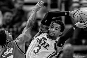 Trent Nelson  |  The Salt Lake Tribune
Utah Jazz guard Trey Burke (3) looks to pass under pressure from Toronto Raptors guard Kyle Lowry (7) as the Utah Jazz host the Toronto Raptors, NBA basketball at Vivint Smart Home Arena in Salt Lake City, Wednesday November 18, 2015.